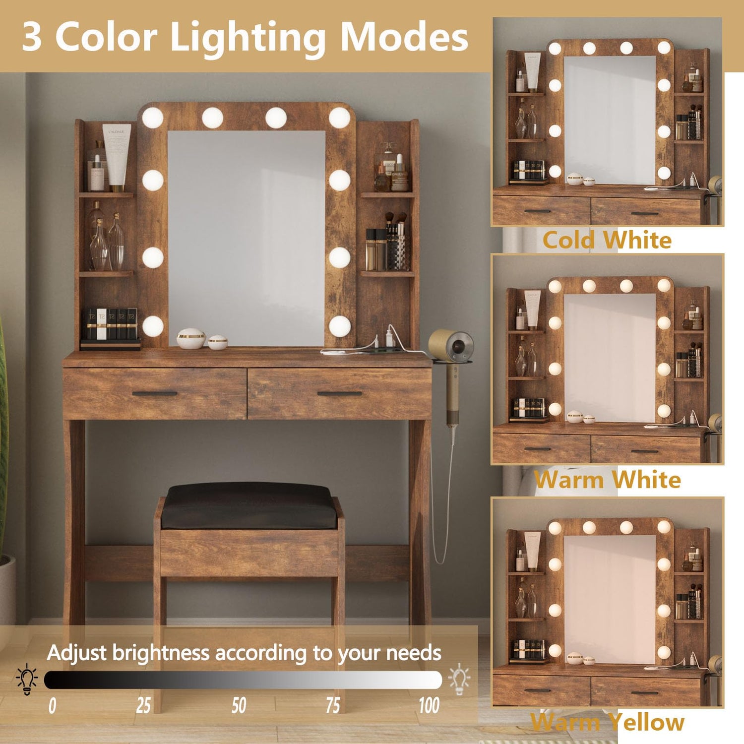 Vanity Desk with Lights,Makeup Vanity with Power Strip,Dressing Table Set with 2 Large Drawers,Vanity Mirror 3 Lighting Color Adjustable,Rustic Brown Vabches