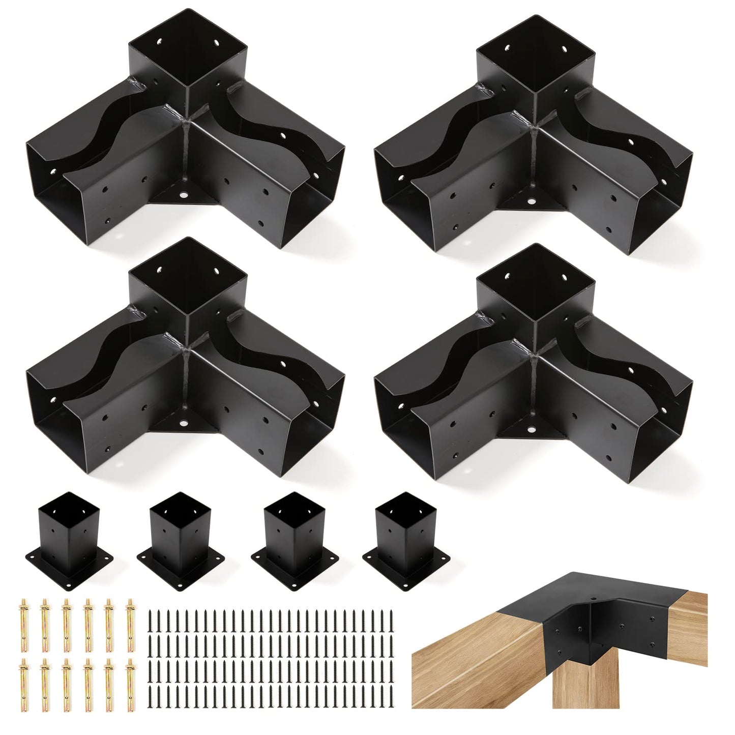 3-Way DIY Pergola Bracket Kit for 4x4 Inch Wood Beams - Huzxbw Ideal for DIY Pergola Projects (3-Way Corne Brackets with Post Bases)… - WoodArtSupply