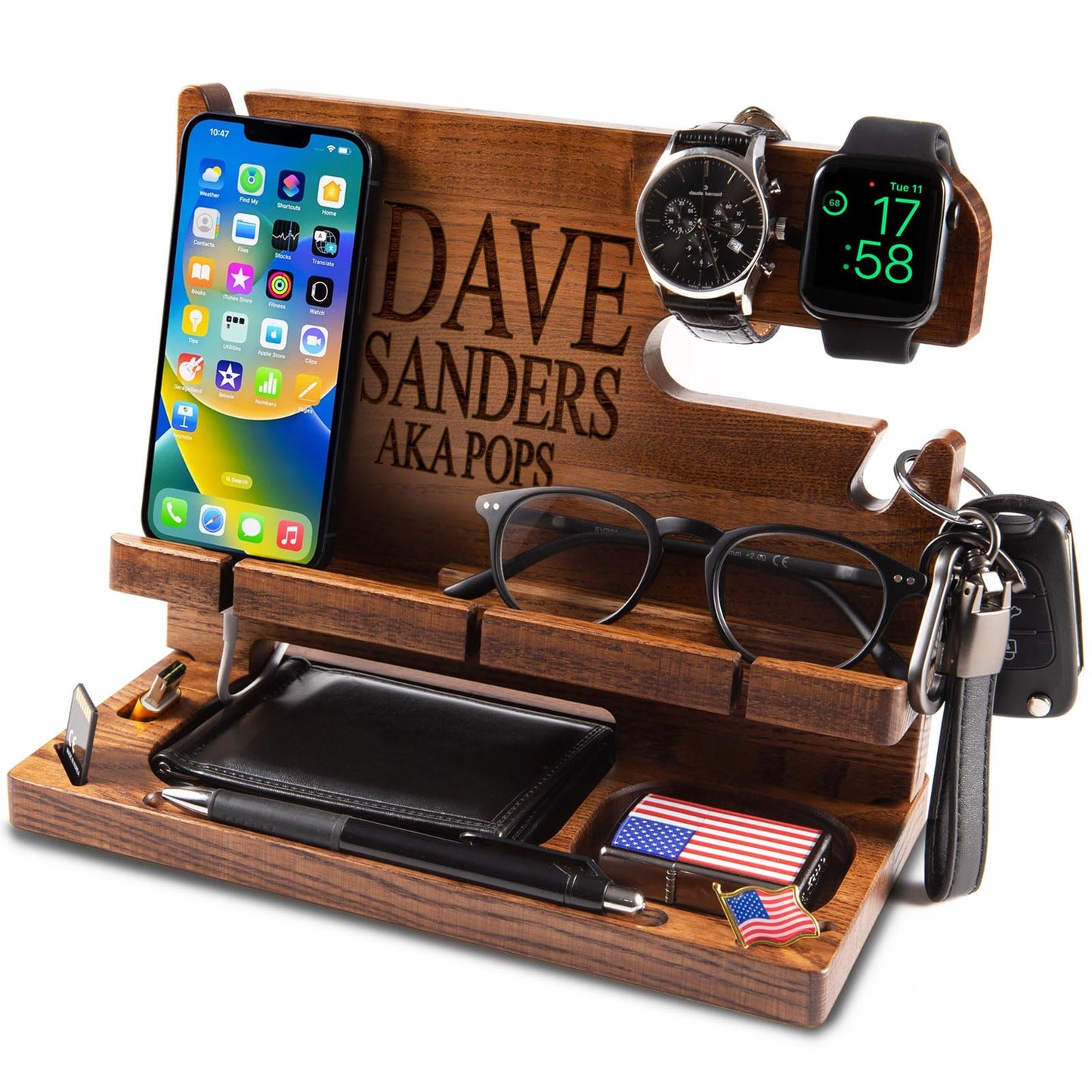 GRETAOTO Personalized Wood Docking Station for Cell Phone, Tablet, Wallet, Watch, Keys, Desk Nightstand Organizer, Valentines Day, Gifts for Men - WoodArtSupply