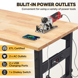 47.2" Adjustable Work Bench, Workbench for Garage with Power Outlet, 2200LBS Load Capacity Hardwood Oak Top Heavy-Duty Work Table for Garage, BMJX US