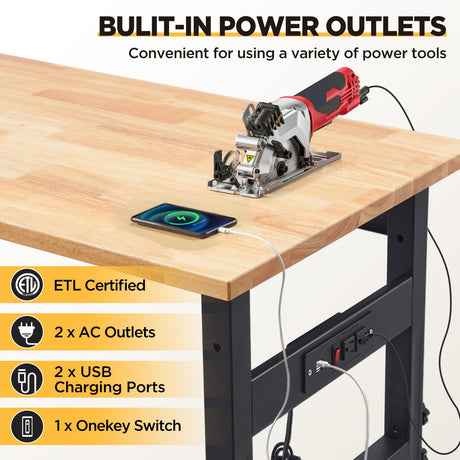 47.2" Adjustable Work Bench, Workbench for Garage with Power Outlet, 2200LBS Load Capacity Hardwood Oak Top Heavy-Duty Work Table for Garage, BMJX US