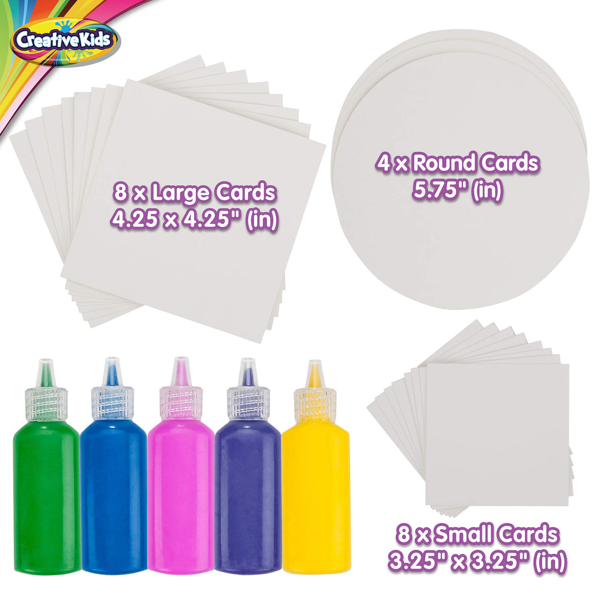 Creative Kids Spin & Paint Refill Pack - 8 x Large Cards - 8 x Small Cards - 4 x Round Cards - 5 Bottles of Colored Paint Creative Kids