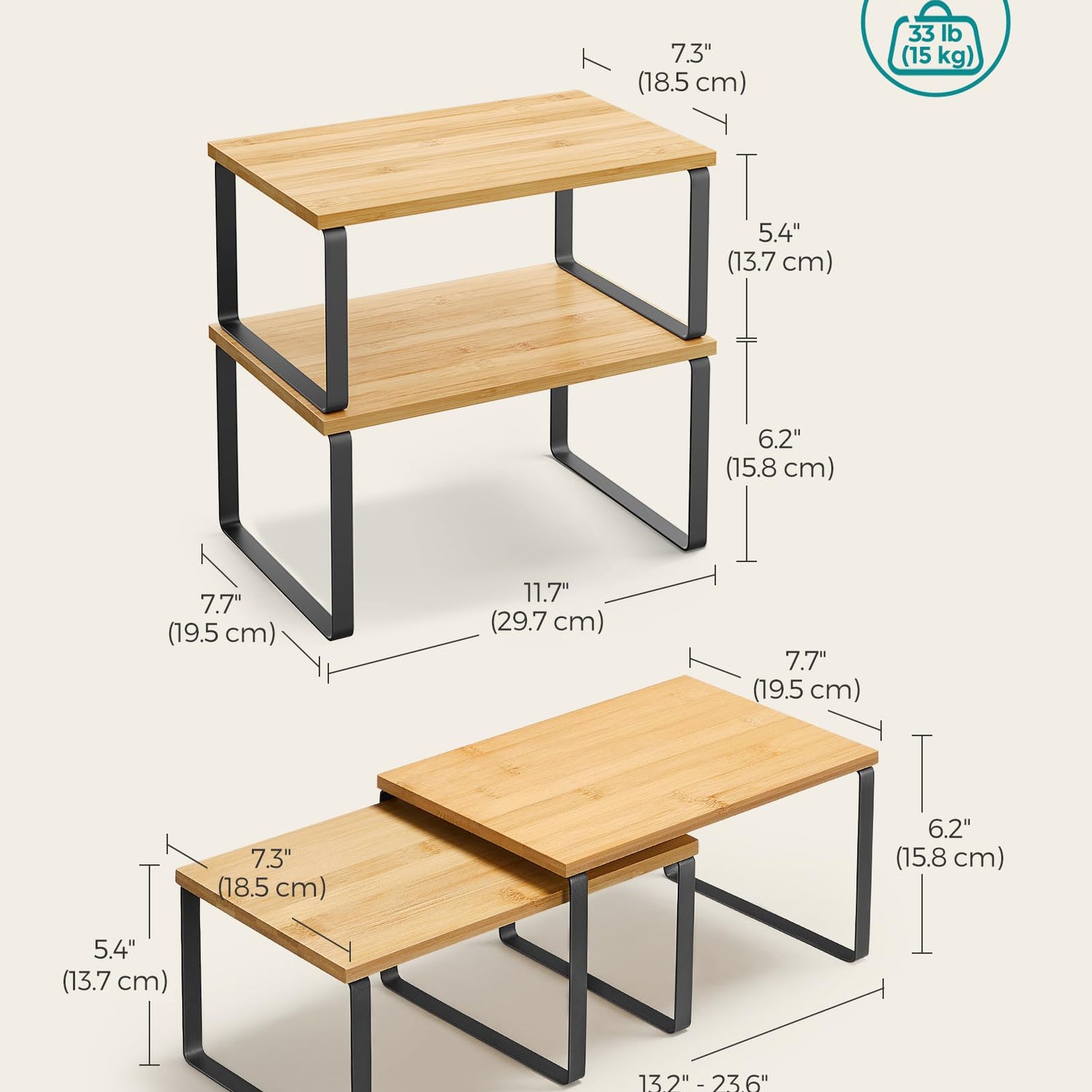SONGMICS Cabinet Organizer Shelf, Set of 2 Kitchen Counter Shelves, Kitchen Storage, Spice Rack, Stackable, Expandable, Metal and Engineered Wood, SONGMICS