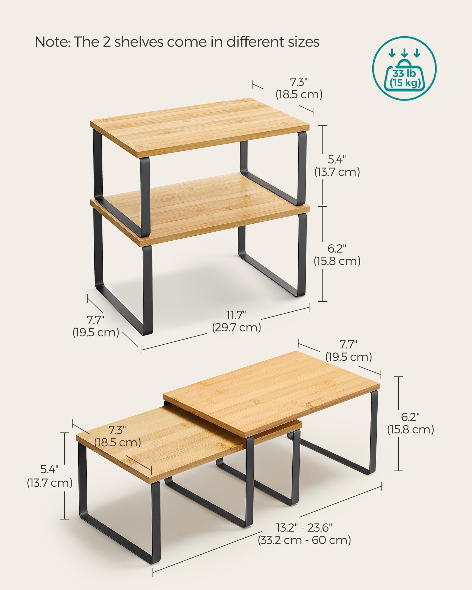 SONGMICS Cabinet Organizer Shelf, Set of 2 Kitchen Counter Shelves, Kitchen Storage, Spice Rack, Stackable, Expandable, Metal and Engineered Wood, - WoodArtSupply