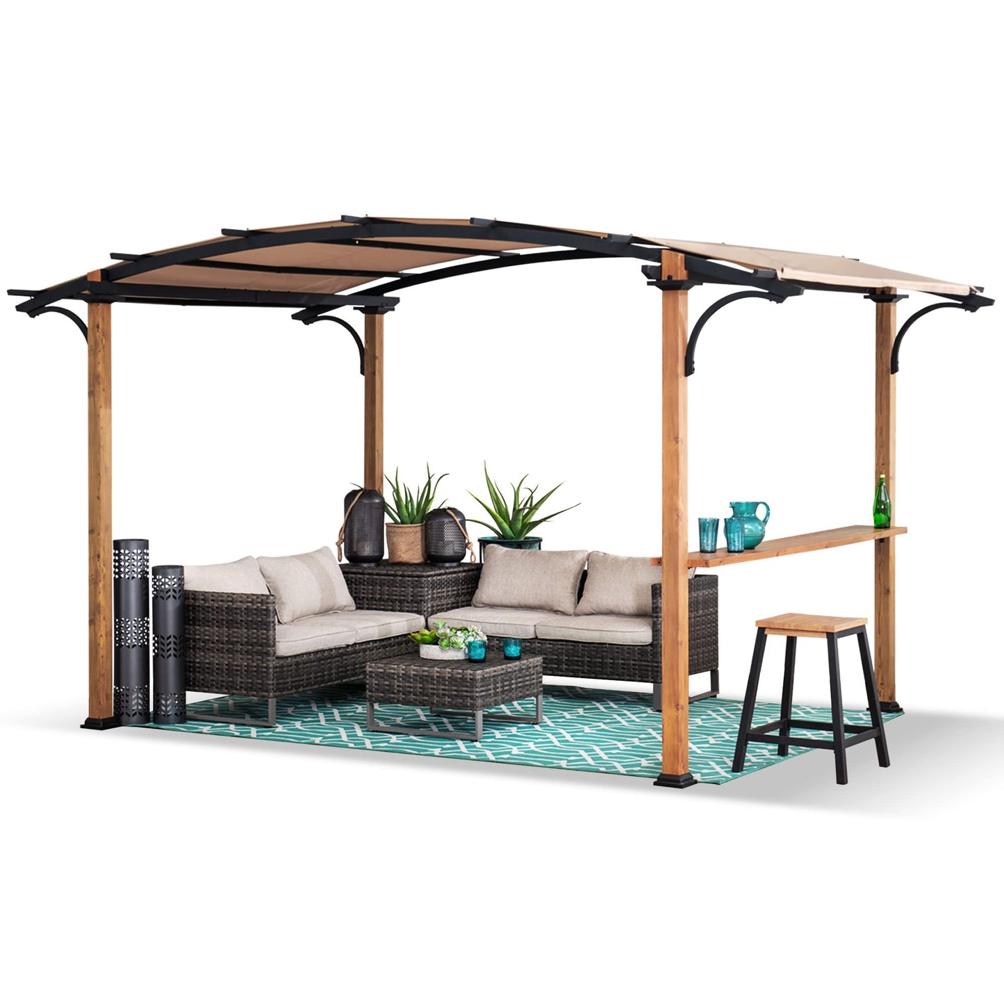 Sunjoy Outdoor Pergola 8.5 x 13 ft. Steel Arched Pergola with Tan Weather-Resistant Fabric Canopy for Patio, Backyard, Garden Activities - WoodArtSupply