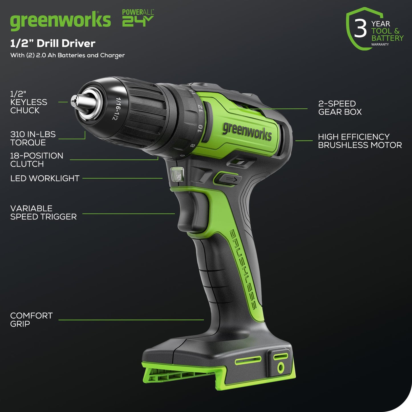 Greenworks 24V Brushless Cordless Drill Kit, 310 in./lbs, 18+1 Position Clutch, 1/2 '' Keyless Chuck, Variable Speed, 1.5Ah Battery With 2A Charger, - WoodArtSupply