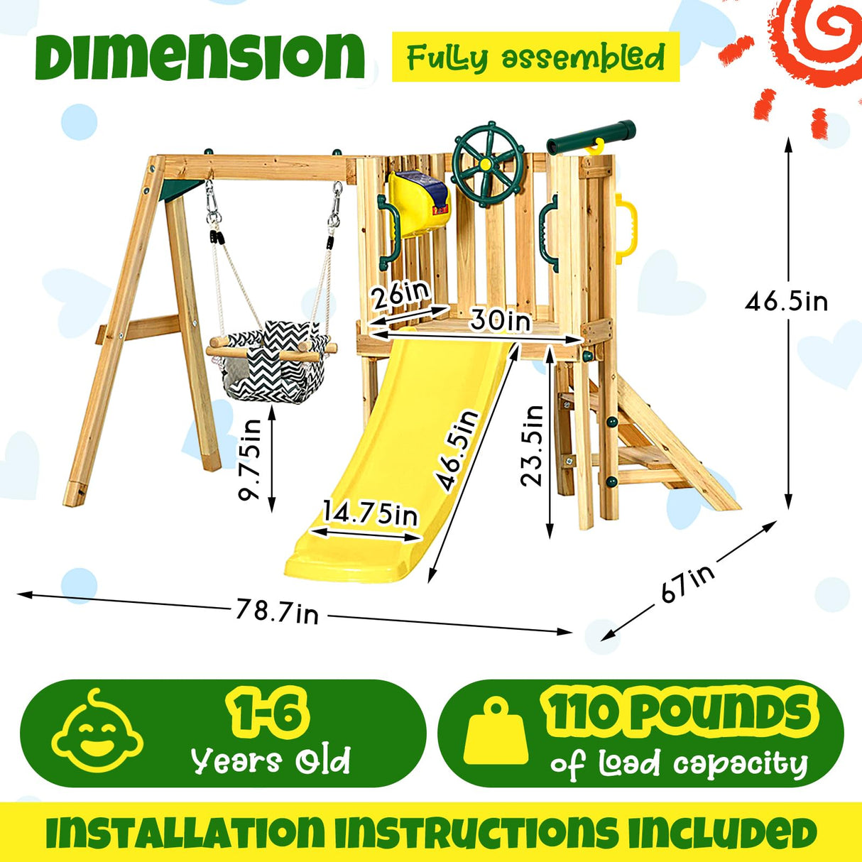 Motionchic 3 in 1 Wooden Swing Set Outdoor Playset Swing Set Kids Playground Playset with Baby Swing Seat, Toddler Slide, Captain's Wheel, Telescope, Motionchic