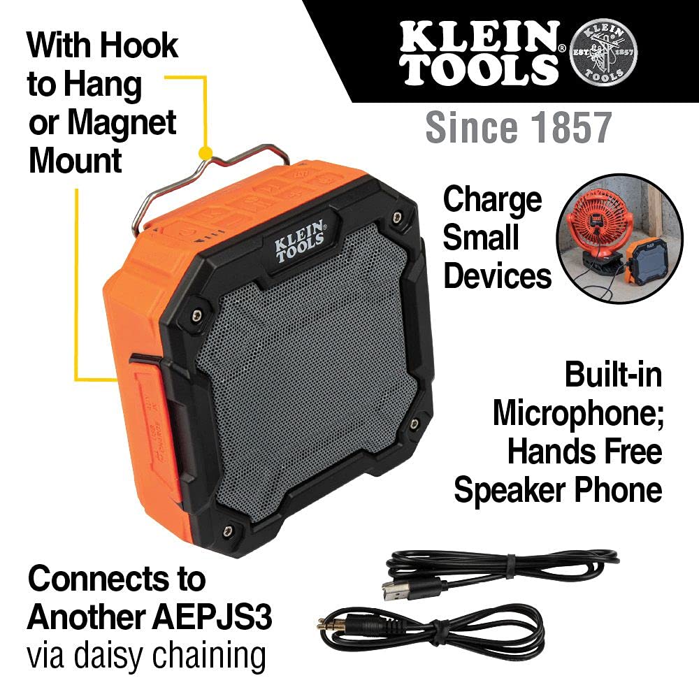 Klein Tools Bluetooth Jobsite Speaker with Magnet and Hook (AEPJS3) and Stainless Steel Tumbler with Flip-top Lid, Insulated 20 oz. Tradesman's Klein Tools