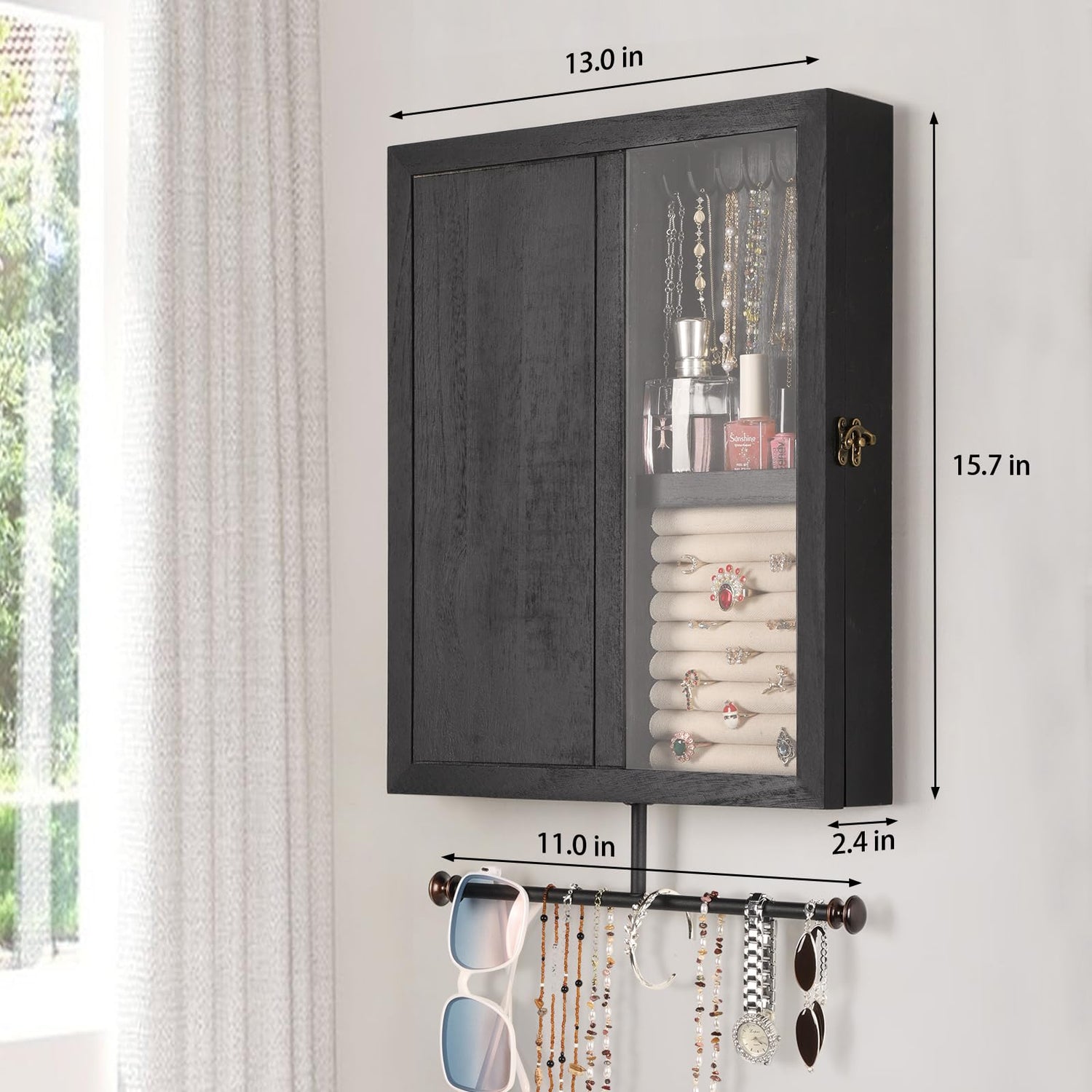 Keebofly Wall Mounted Jewelry Organizer With Rustic Wood Large Space Jewelry Cabinet, Holder, Storage Box for Necklaces, Earrings, Bracelets, Ring Keebofly