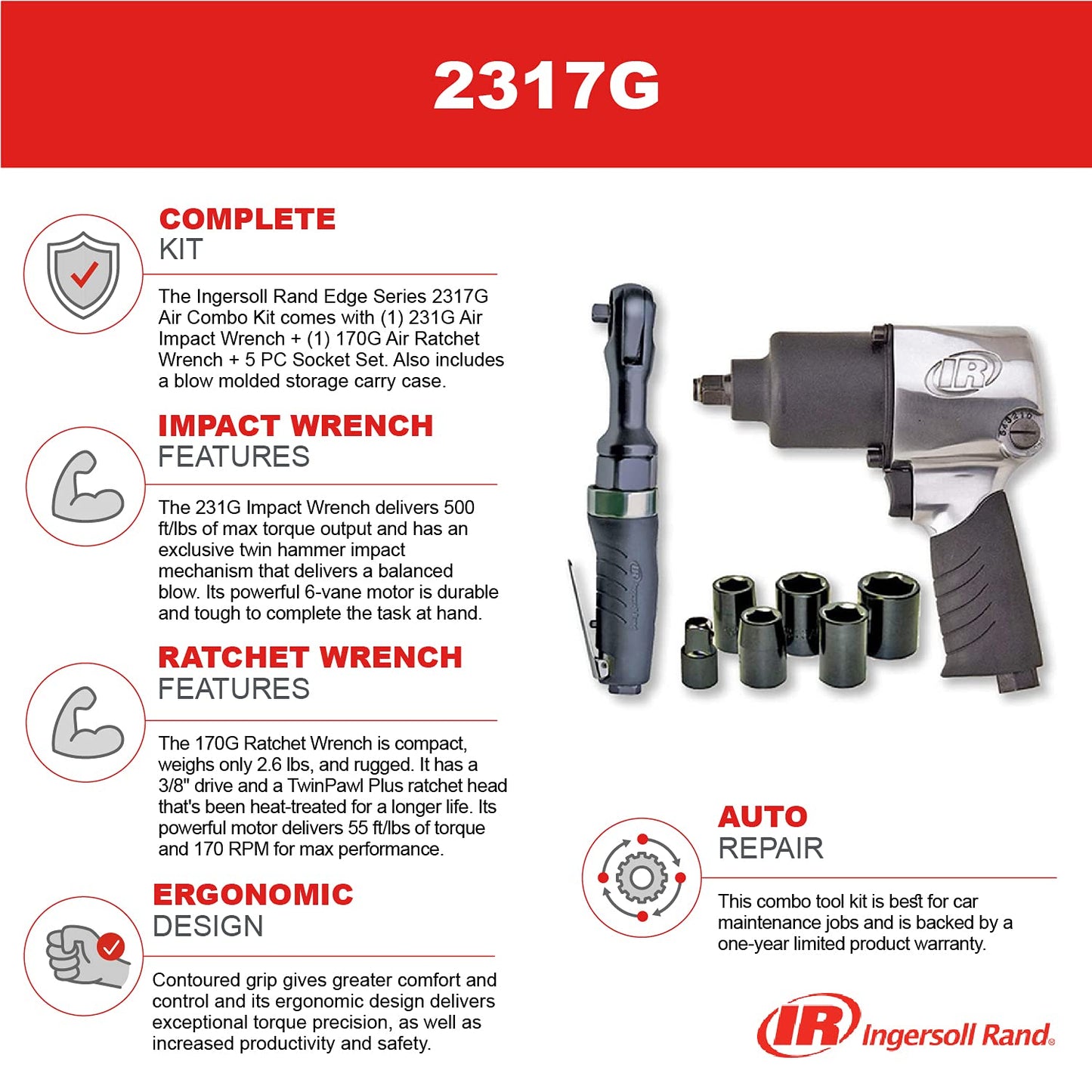 Ingersoll Rand 2317G Edge Series Kit with 231G Air Impact & 170G Air Ratchet Wrench, 5 Piece Socket Set and Storage Carry Case, Ergonomic Grips, - WoodArtSupply