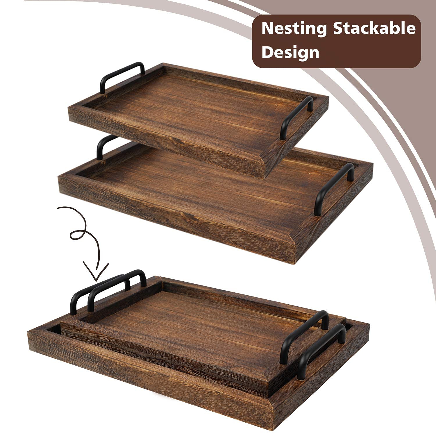 LIBWYS Rustic Wooden Serving Trays with Handle-Set of 2-Decorative Nesting Food Board Platters for Breakfast, Coffee Table/Butler (Large LIBWYS