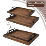 LIBWYS Rustic Wooden Serving Trays with Handle-Set of 2-Decorative Nesting Food Board Platters for Breakfast, Coffee Table/Butler (Large LIBWYS