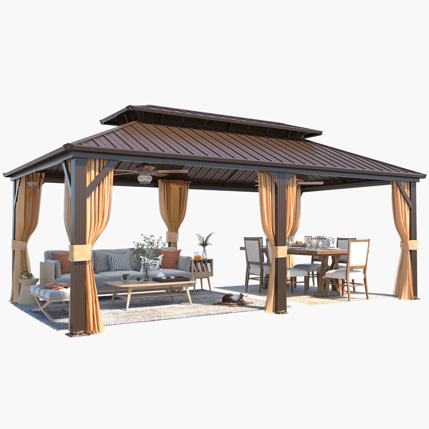 YOLENY 12' x 20' Gazebo, Hardtop Gazebo with Galvanized Steel Roof, Double Roof Gazebo with Aluminum Frame, Outdoor Gazebo with Curtains and