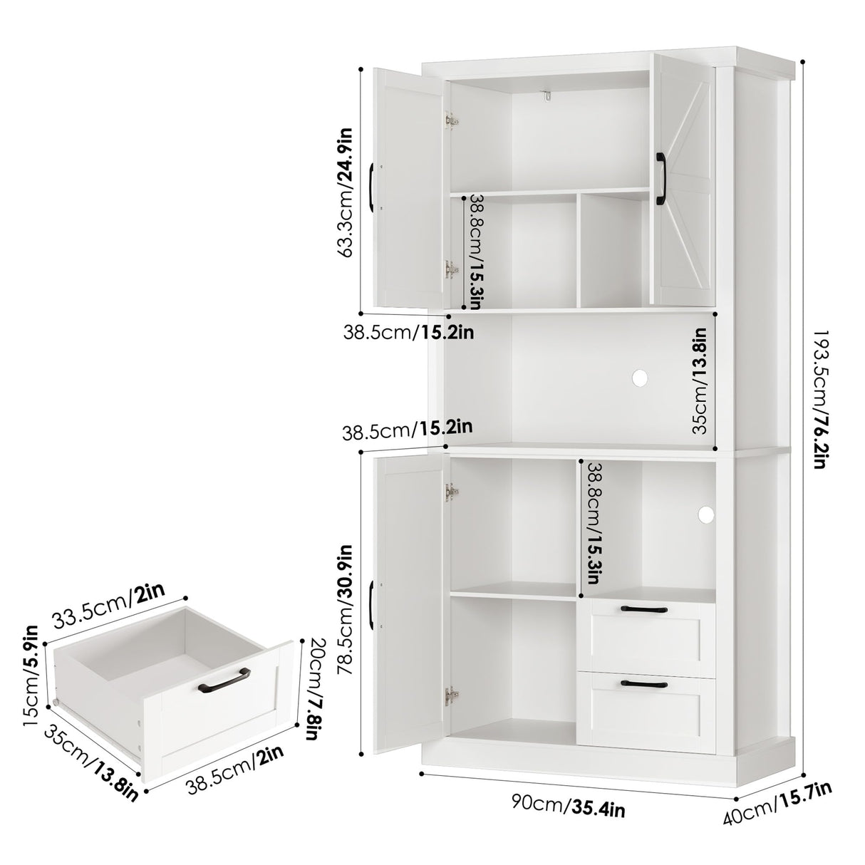HOSTACK 76" Tall Farmhouse Kitchen Pantry Cabinet, Kitchen Hutch Bar Cabinet with Drawers & Shelves, Large Wood Storage Cabinet with Barn Doors & HOSTACK