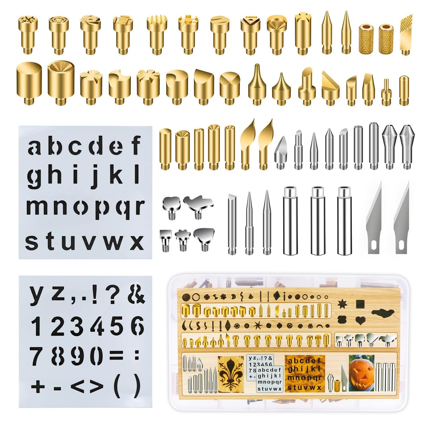 62Pcs Wood Burning Tips, Professional Wood Burning Pen Tips and Metal Alphabet Number Stencils Set, Perfect Wood Burning Embossing Carving DIY Crafts Tool for Adults Beginners