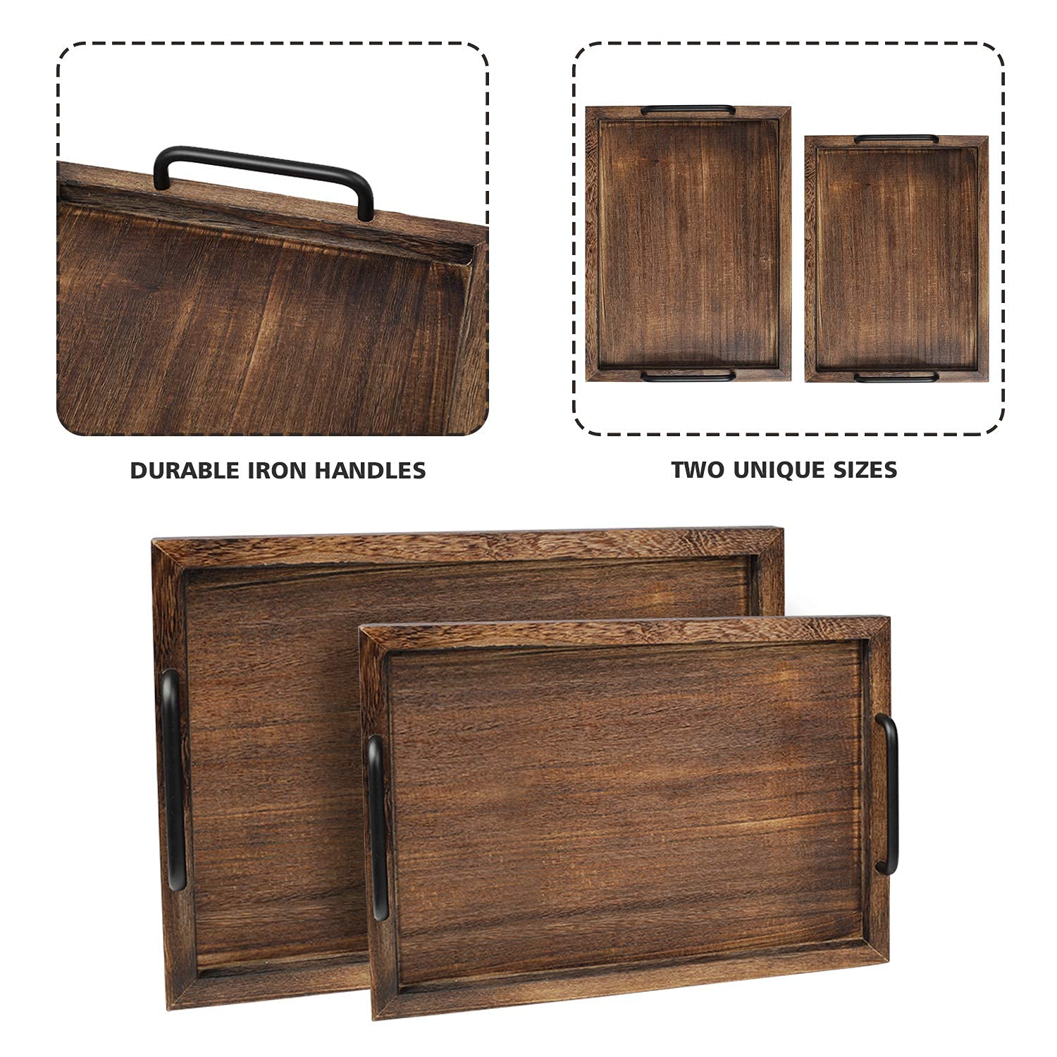 LIBWYS Rustic Wooden Serving Trays with Handle-Set of 2-Decorative Nesting Food Board Platters for Breakfast, Coffee Table/Butler (Large LIBWYS