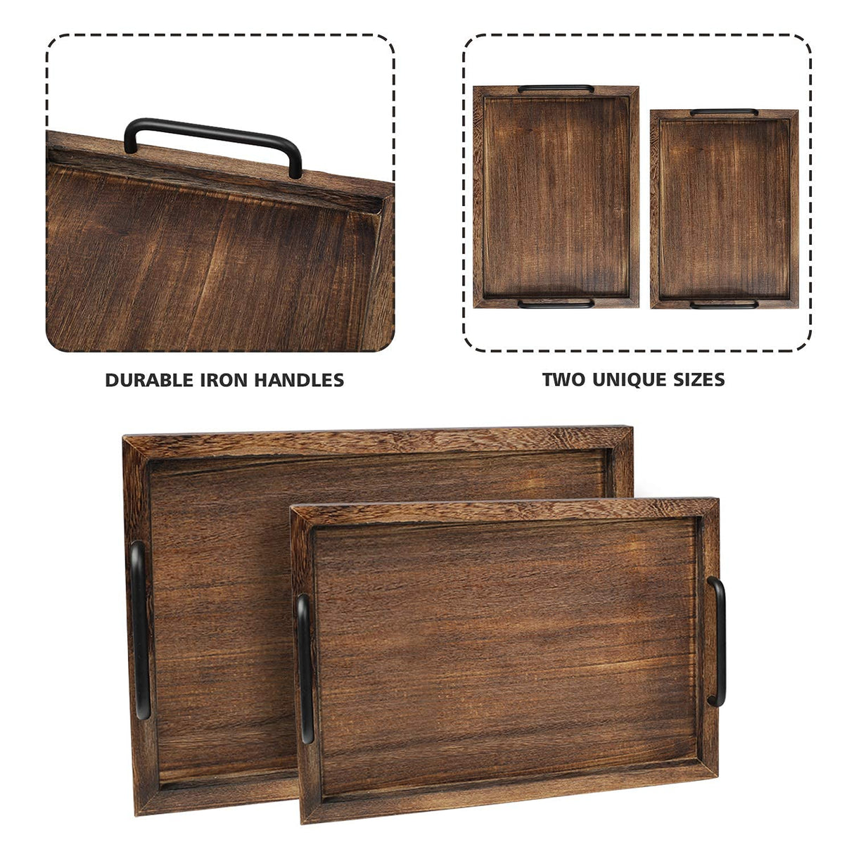 LIBWYS Rustic Wooden Serving Trays with Handle-Set of 2-Decorative Nesting Food Board Platters for Breakfast, Coffee Table/Butler (Large LIBWYS