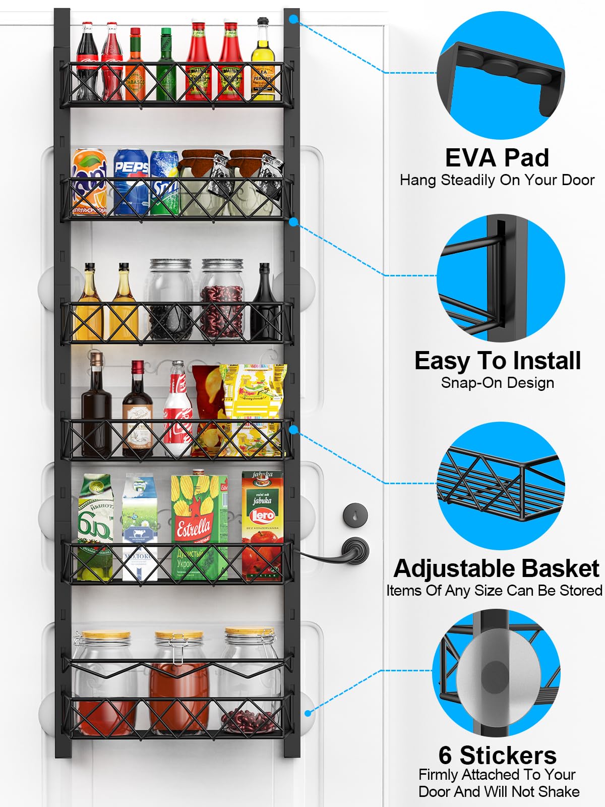 Fulpower Over the Door Pantry Organizer, 6+1 Pantry Door Organizer with Adjustable Basket, Metal Spice Rack Storage for Kitchen Pantry Black (Black 6 Fulpower