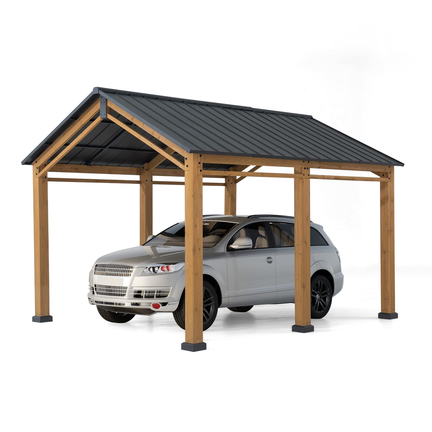 Sunjoy Wood Carport 11 x 13 ft. Outdoor Gazebo, Heavy Duty Garage Car Shelter with Steel Roof and Wooden Frame, Gable Roof Cedar Carport for Cars and - WoodArtSupply