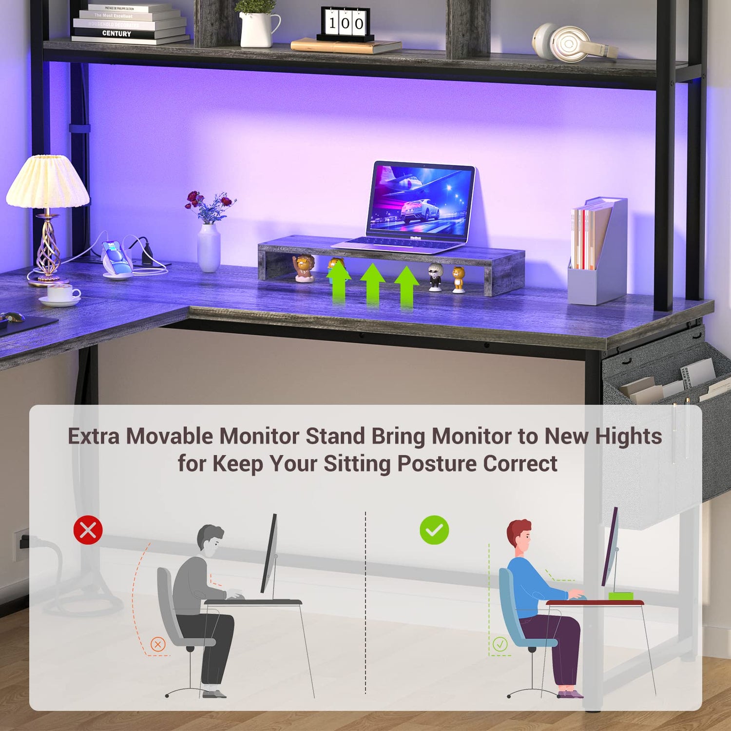 Aheaplus L Shaped Desk with Power Outlet, LED Strip & Storage Shelf for Gaming and Home Office Aheaplus