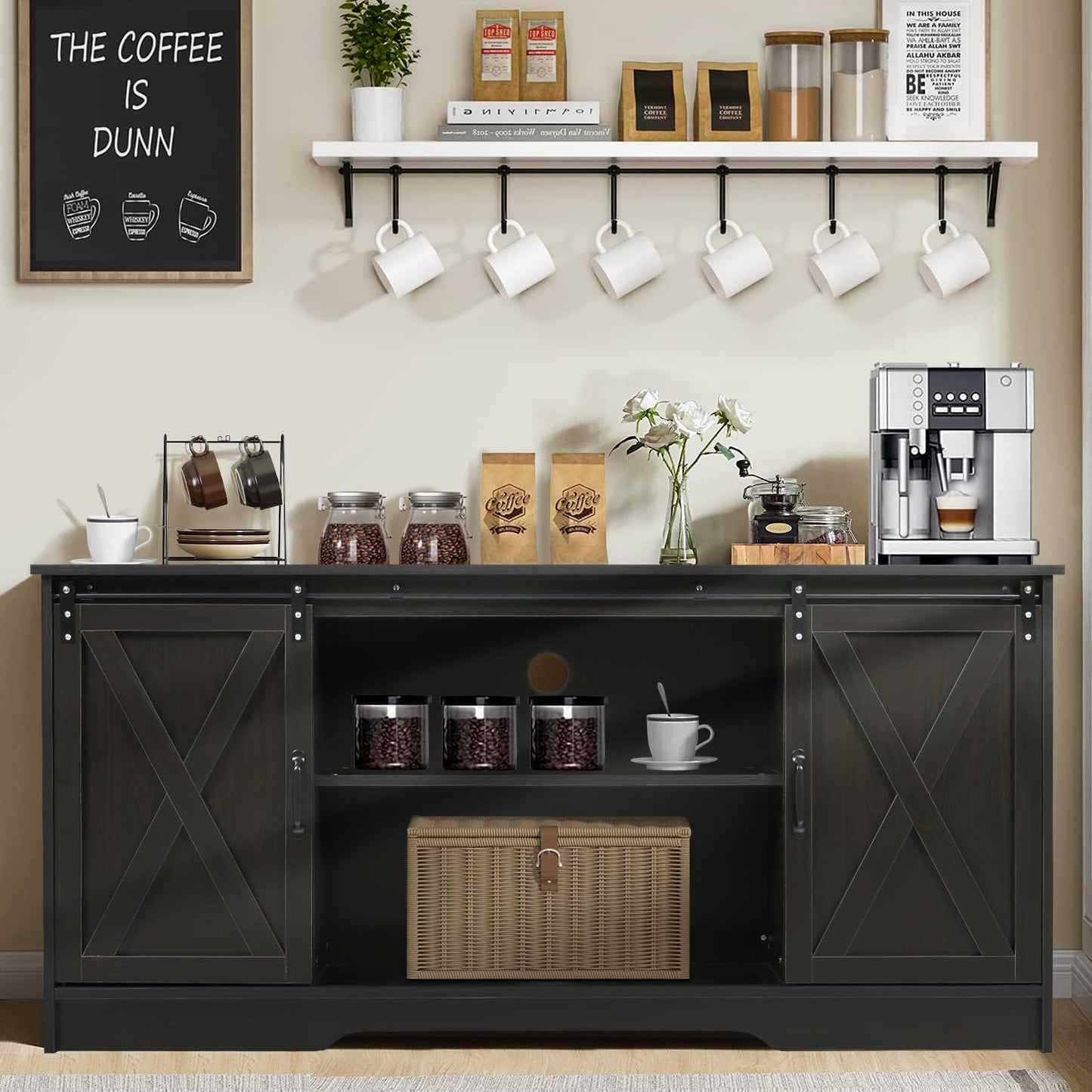 Farmhouse Espresso Coffee Bar Cabinet with Sliding Barn Doors & Ample Storage - WoodArtSupply