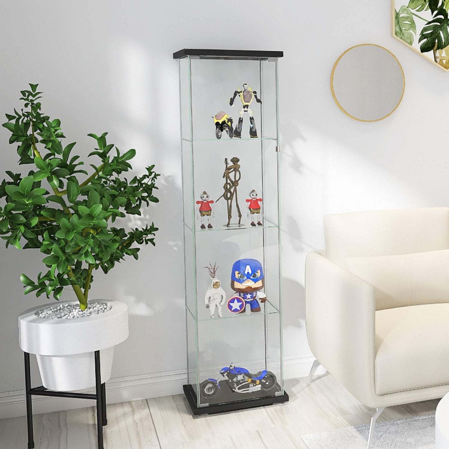 JT Glass Display Cabinet with 4 Shelves - Durable Tempered Glass Curio Bookshelf for Stylish Home or Office Display JT