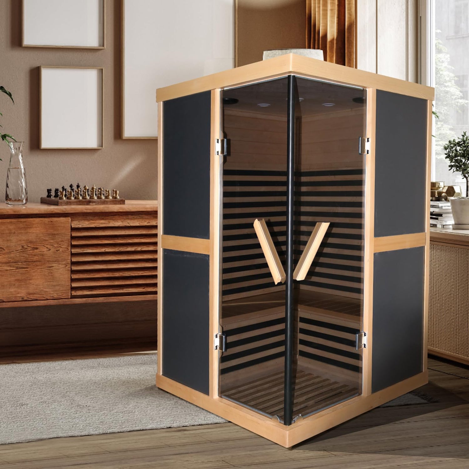 OUTEXER Infrared Sauna 1980W Wooden Saunas Home Spa Room Canadian Hemlock Wood Low-EMF Indoor Saunas with APP Control for Two Person OUTEXER