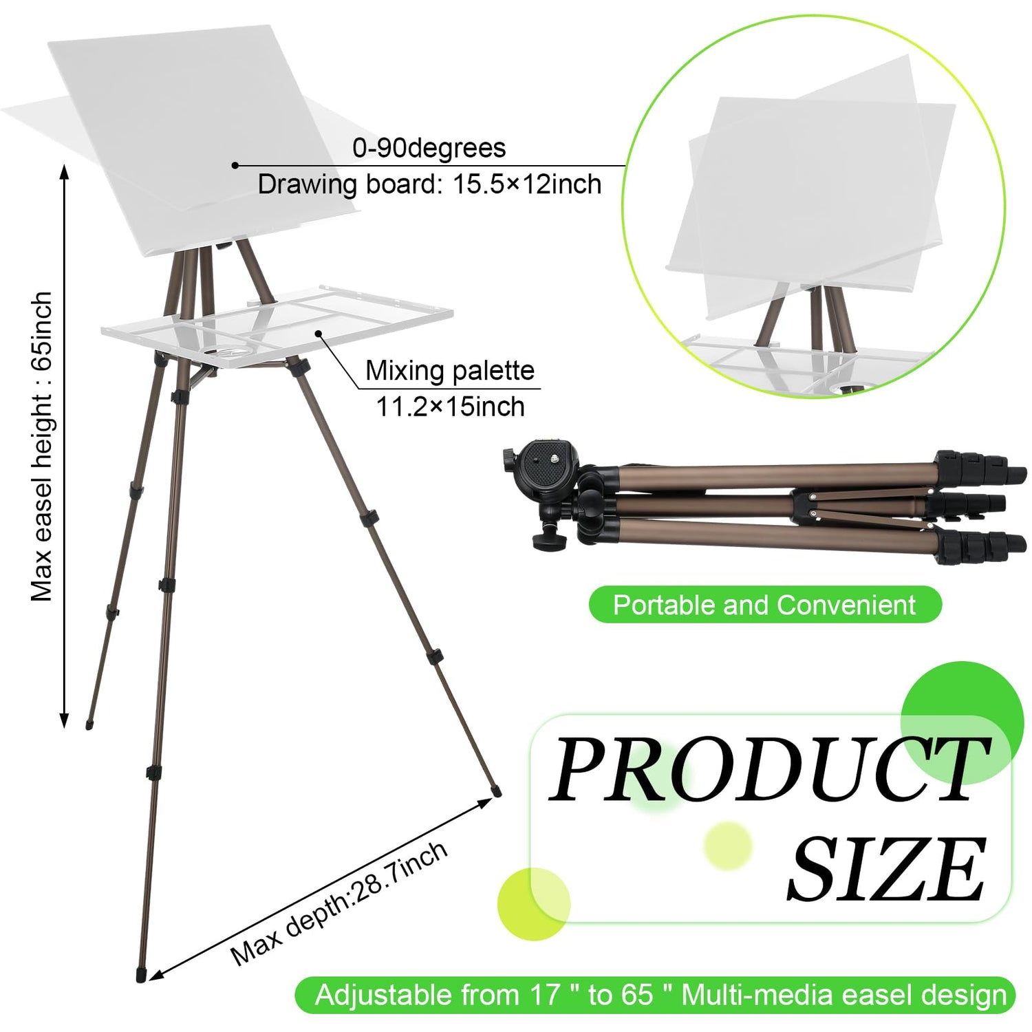 Ireer 17-65 Inch Artist Watercolor Portable Easel with Sturdy Tripod Adjustable Aluminum Metal Easel Stand with Tray Lightweight Travel Easel for Ireer