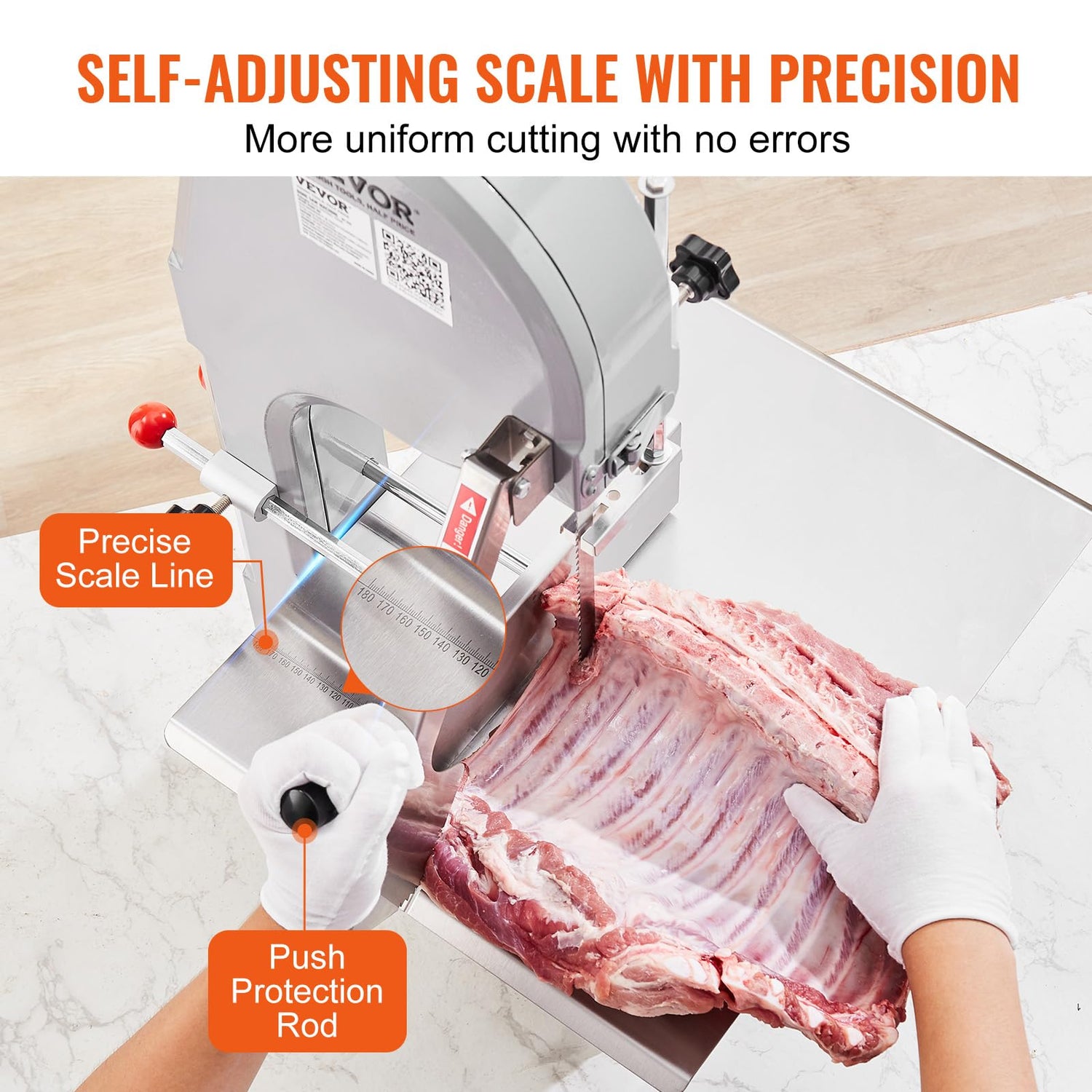 VEVOR Commercial Electric Meat Bandsaw, 1500W Stainless Steel Countertop Bone Sawing Machine, Workbeach 19.3" x 15", 0.16-7.9 Inch Cutting Thickness, VEVOR