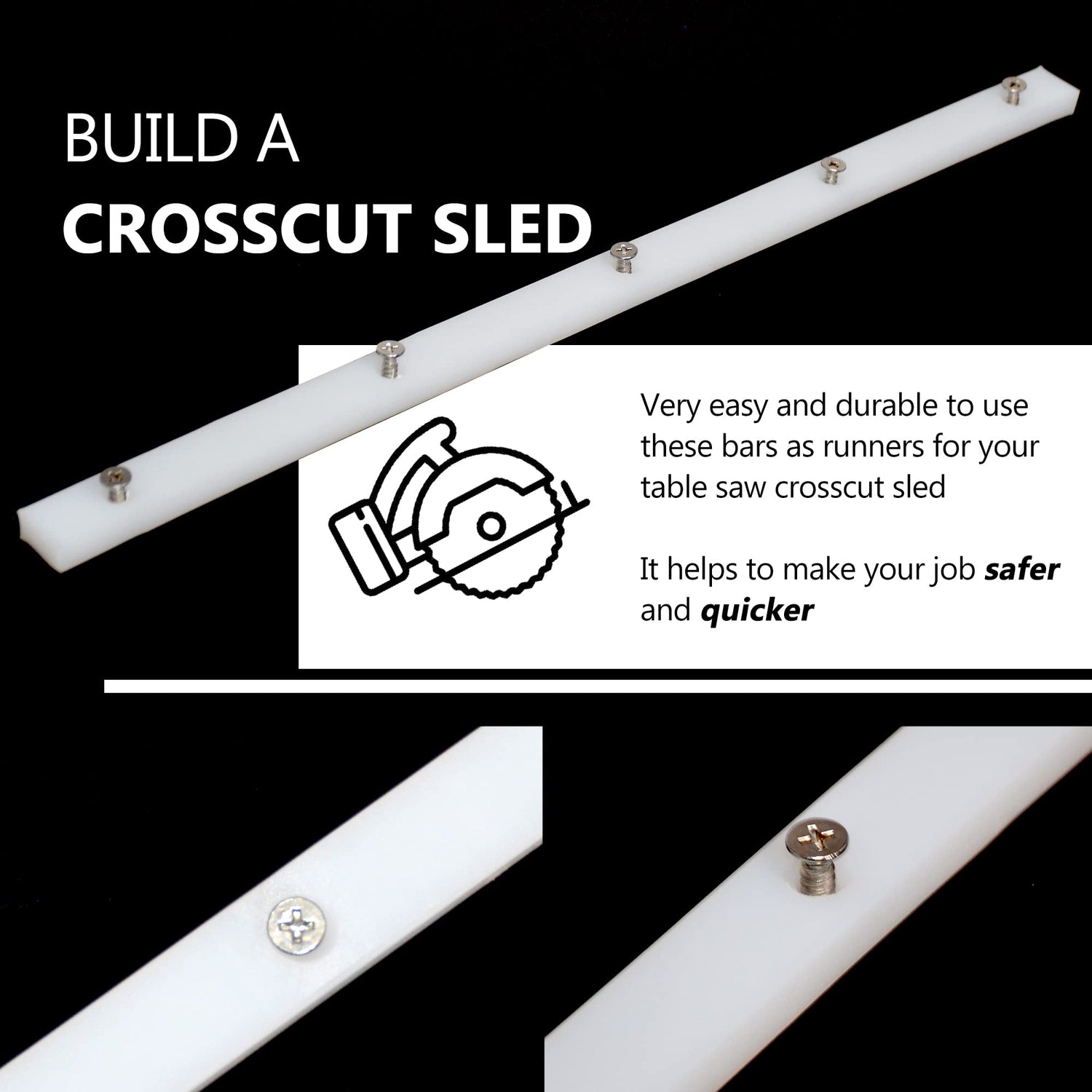 GYOFFULL Crosscut Sled for Table Saw UHMW Plastic 3/4" X 3/8" X 17" with Predrilled Holes and Screws Ideal for U Tracks Woodworking, Miter Slots, GYOFFULL