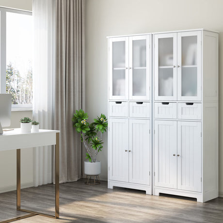 HORSTORS 67" Tall Storage Cabinet, Freestanding Pantry Cabinet with Glass Door and Shelves, Linen Bathroom Cabinet with 2 Drawers for Living Room, HORSTORS