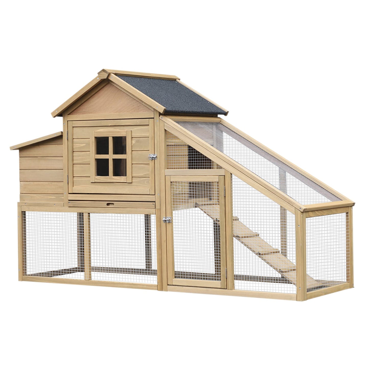 PawHut 69" Wooden Chicken Coop, Poultry Cage Hen House with Connecting Ramp, Removable Tray, Ventilated Window and Nesting Box, Natural - WoodArtSupply