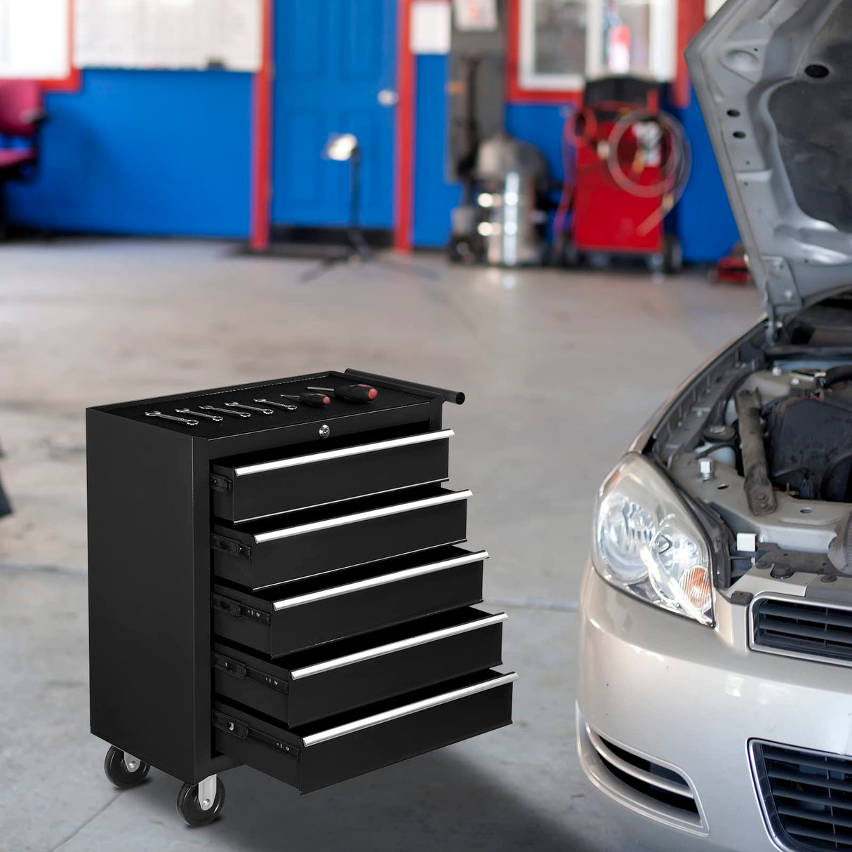 TUFFIOM 5-Drawer Rolling Tool Chest w/Lock & Key, Tool Storage Cabinet with Wheels, Top Cushion & Drawer Liners, Tool Organizer Box for Garage, TUFFIOM