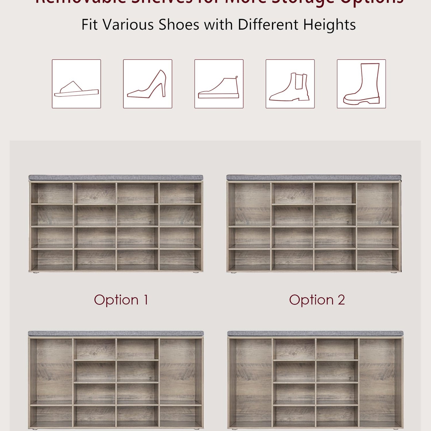 DINZI LVJ Shoe Storage Bench with Cushion, 16-Cubby Shoe Rack, Adjustable Shelves, Multifunctional Shoe Organizer Bench for Entryway, Mudroom, DINZI LVJ