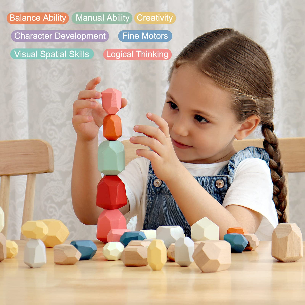 BESTAMTOY 36 PCS Wooden Sorting Stacking Rocks Stones,Sensory Toddler Toys Learning Montessori Toys, Building Blocks Game for Kids 1 2 3 4 5 6 Years BESTAMTOY