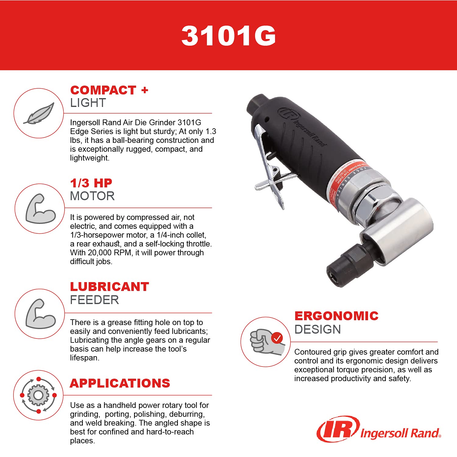 Ingersoll Rand 3101G Air Die Grinder Edge Series – 1/4", Heavy Duty, Right Angle, Ergonomic Grip, Ball Bearing Construction, Lightweight Tool, Black - WoodArtSupply