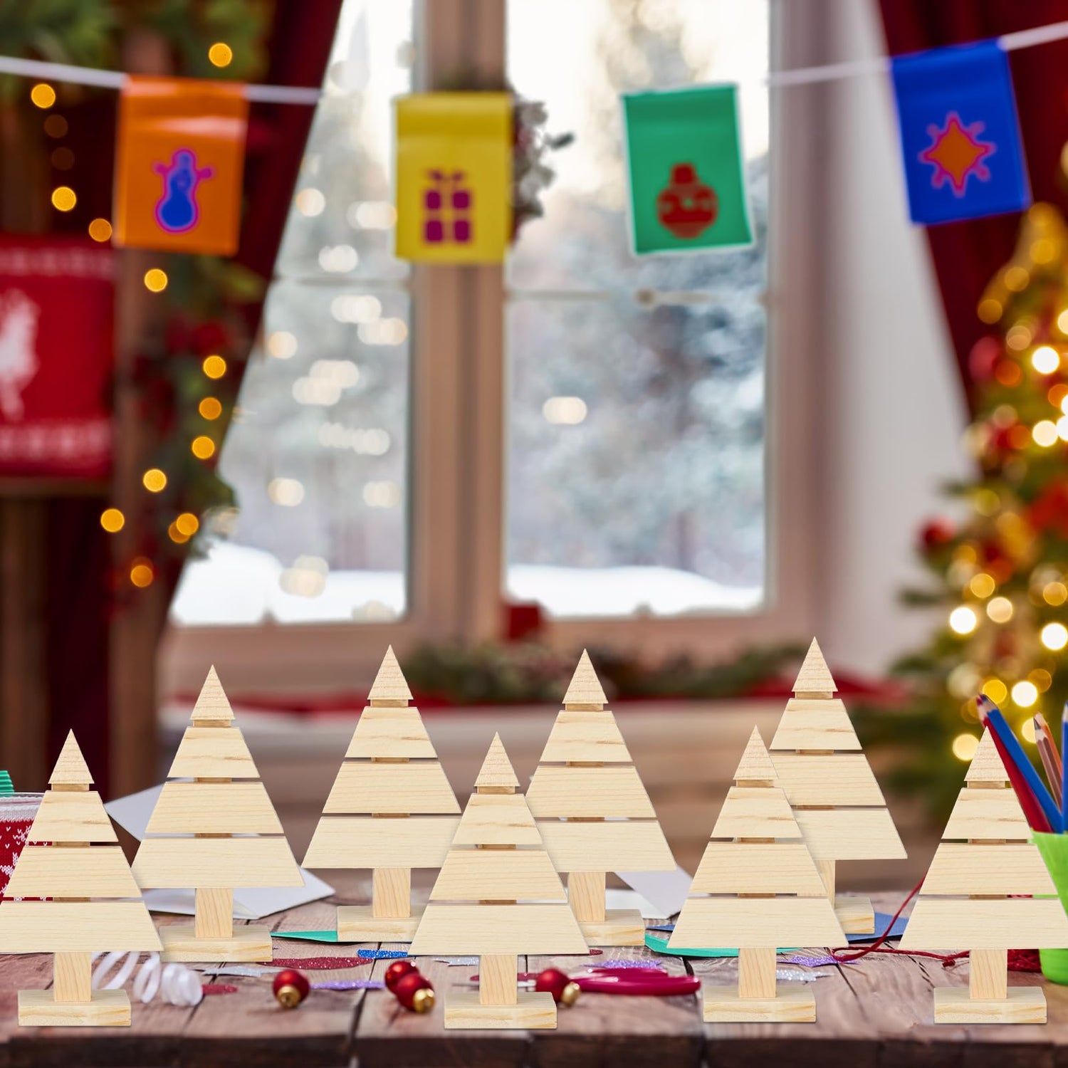 Geetery 12 Pcs Wooden Christmas Tree Standing Unfinished Wood Christmas Tree Pallet Ornaments 4 x 2.6 Blank Rustic Farmhouse Tree Shaped Craft Geetery