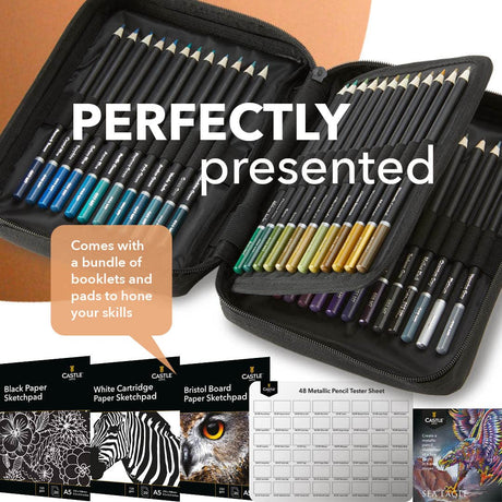 Castle Art Supplies 48 Metallic Colored Pencils Set with Extras | Quality Wax Cores with Shimmering Shades for Professional, Adult Artists, Colorists Castle Art Supplies