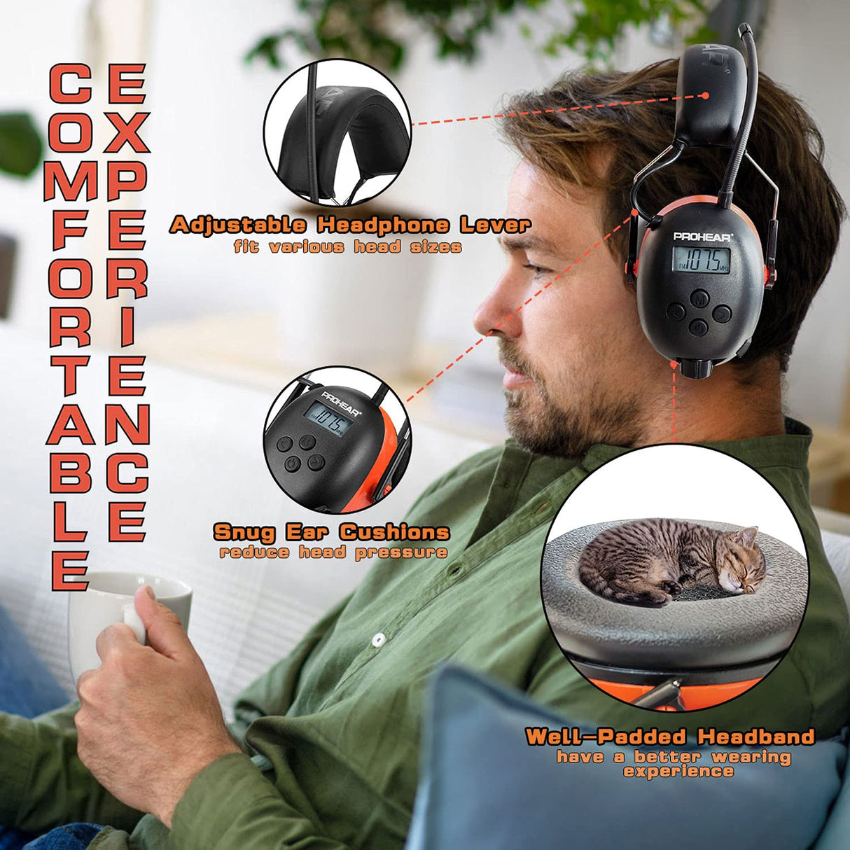 PROHEAR 027 AM FM Radio Headphones with Digital Display, 25dB NRR, Safety Ear Protection Earmuffs for Mowing, Snowblowing, Construction, Work Shops - PROHEAR