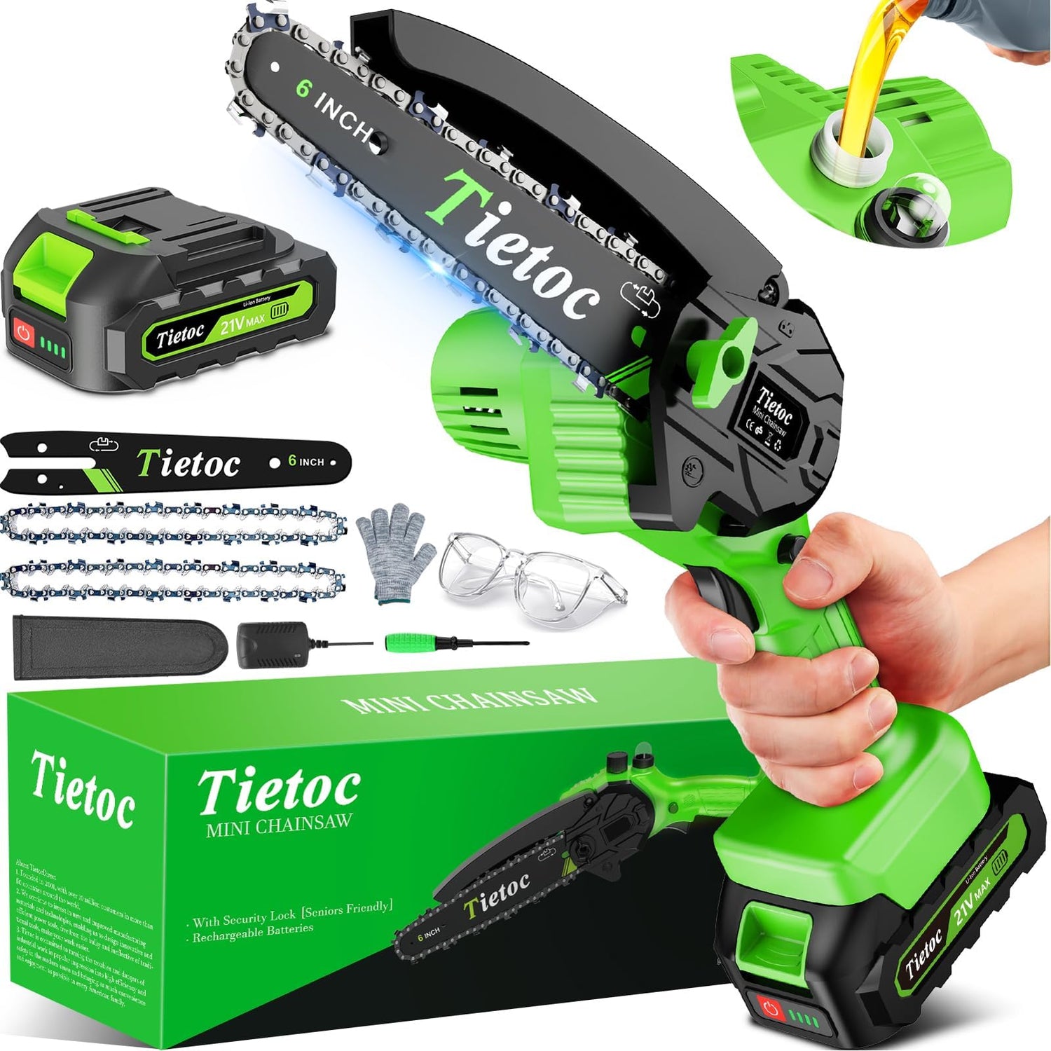 TIETOC Mini Chainsaw Cordless 6 Inch [Gardener Friendly] Super Handheld Rechargeable Chain Saw With Security Lock & Auto Oiler-System, Small Electric tietoc
