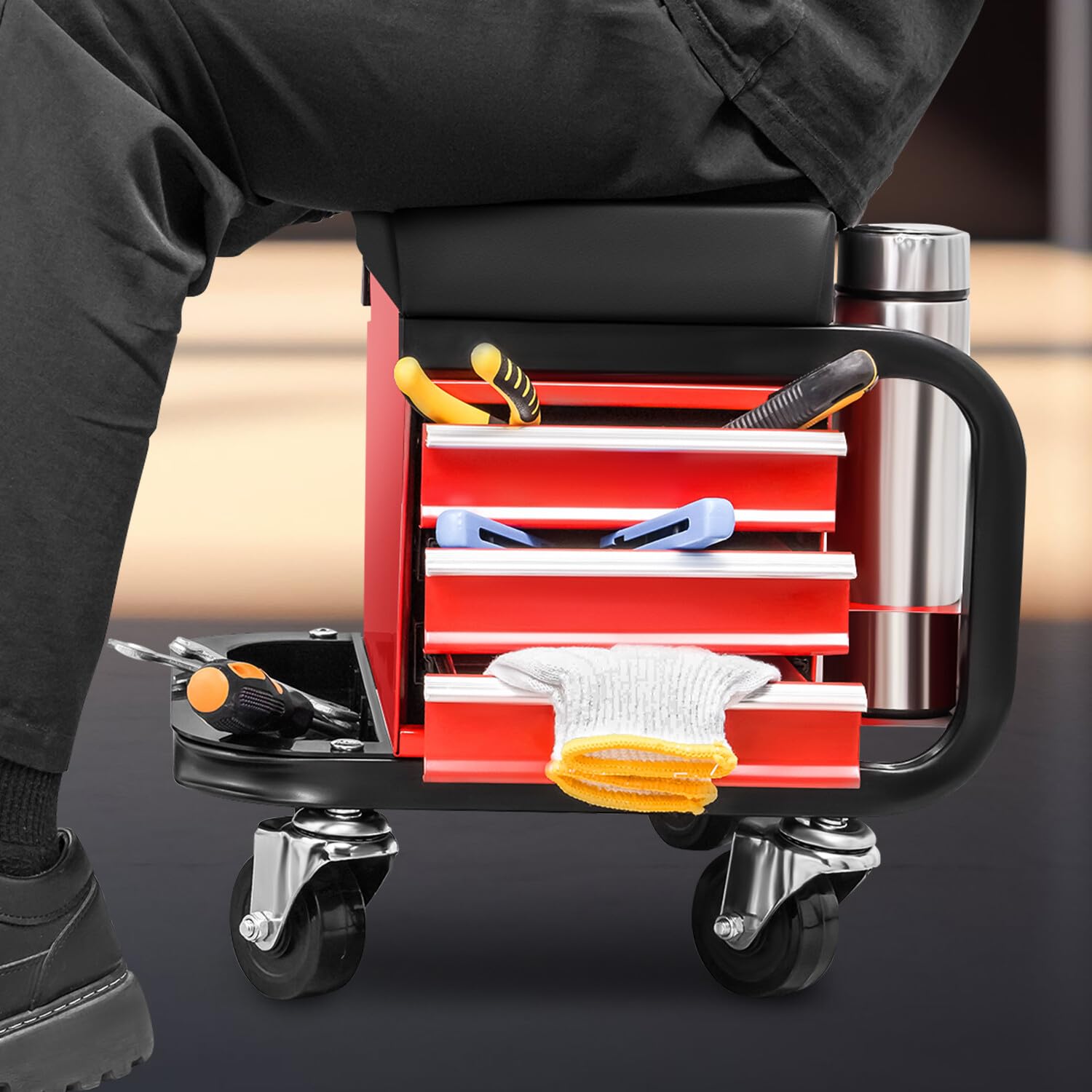 DNA MOTORING 3-Drawer Rolling Mechanic Seat Garage Shop Roller Stool with Tray and Storage Slots, 242lbs / 110kg Weight Capacity,TOOLS-00142 DNA MOTORING