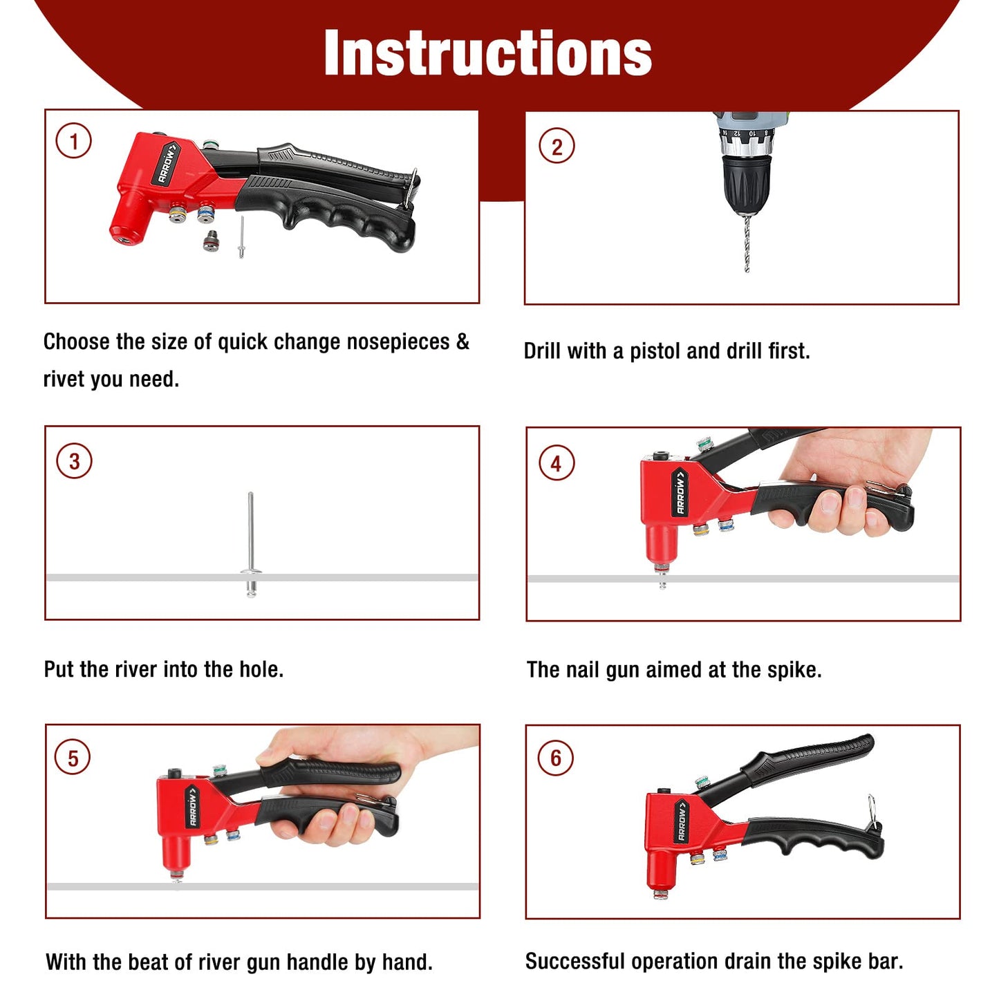 Arrow Hand Riveter Kit, RT187M Professional Pop Rivet Gun with 3/32", 1/8", 5/32", 3/16" 100 Pieces Rivets (Each 25 Pieces), Great for Metal, Gutter