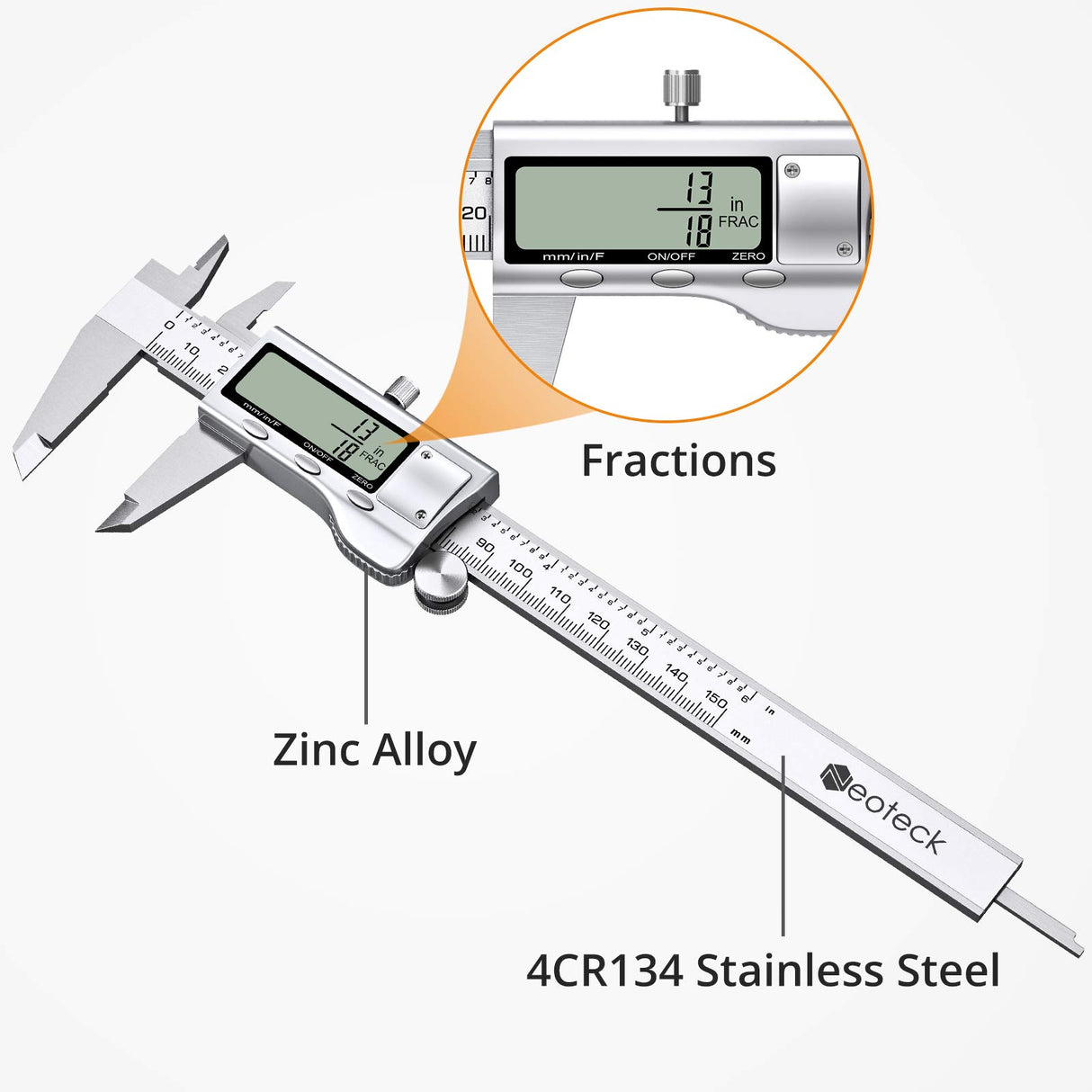 Neoteck 6 inch Digital Caliper, Full-Metal Electronic Calipers Measuring Tool Fractions/Inch/mm Conversion Neoteck