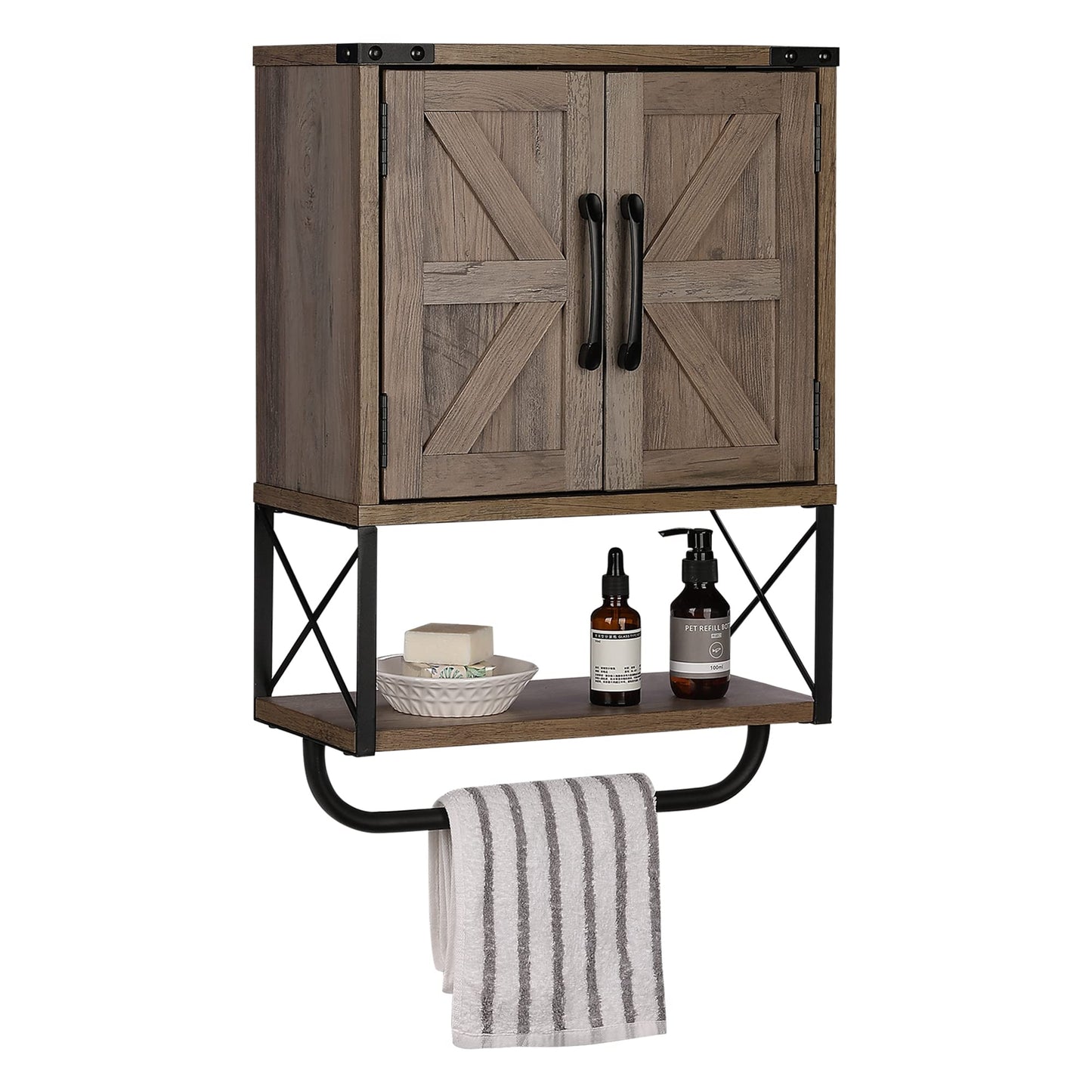 RUSTOWN Farmhouse Rustic Medicine Cabinet with Two Barn Door,Wood Wall Mounted Storage Cabinet with Adjustable Shelf and Towel Bar, 3-Tier Cabinet