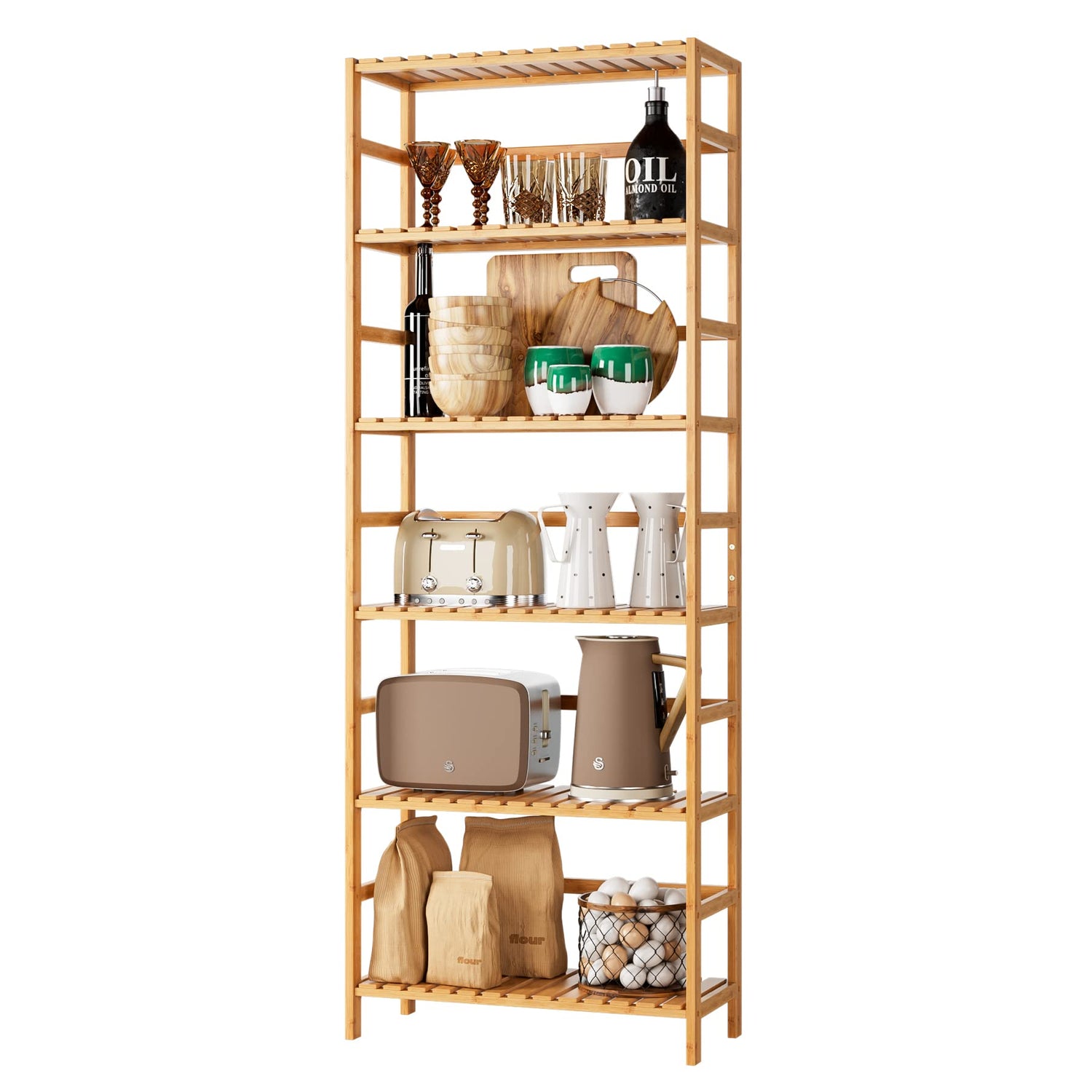 FOTOSOK 6-Tier Adjustable Bamboo Shelf Bookcase – Elegant Free Standing Storage Unit for Home & Garden FOTOSOK