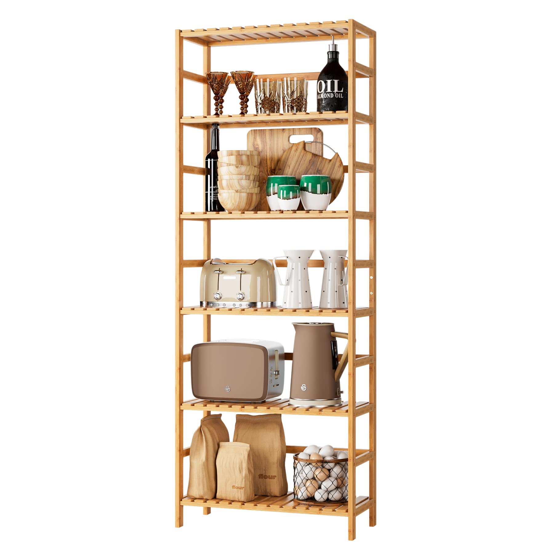 FOTOSOK 6-Tier Adjustable Bamboo Shelf Bookcase – Elegant Free Standing Storage Unit for Home & Garden - WoodArtSupply