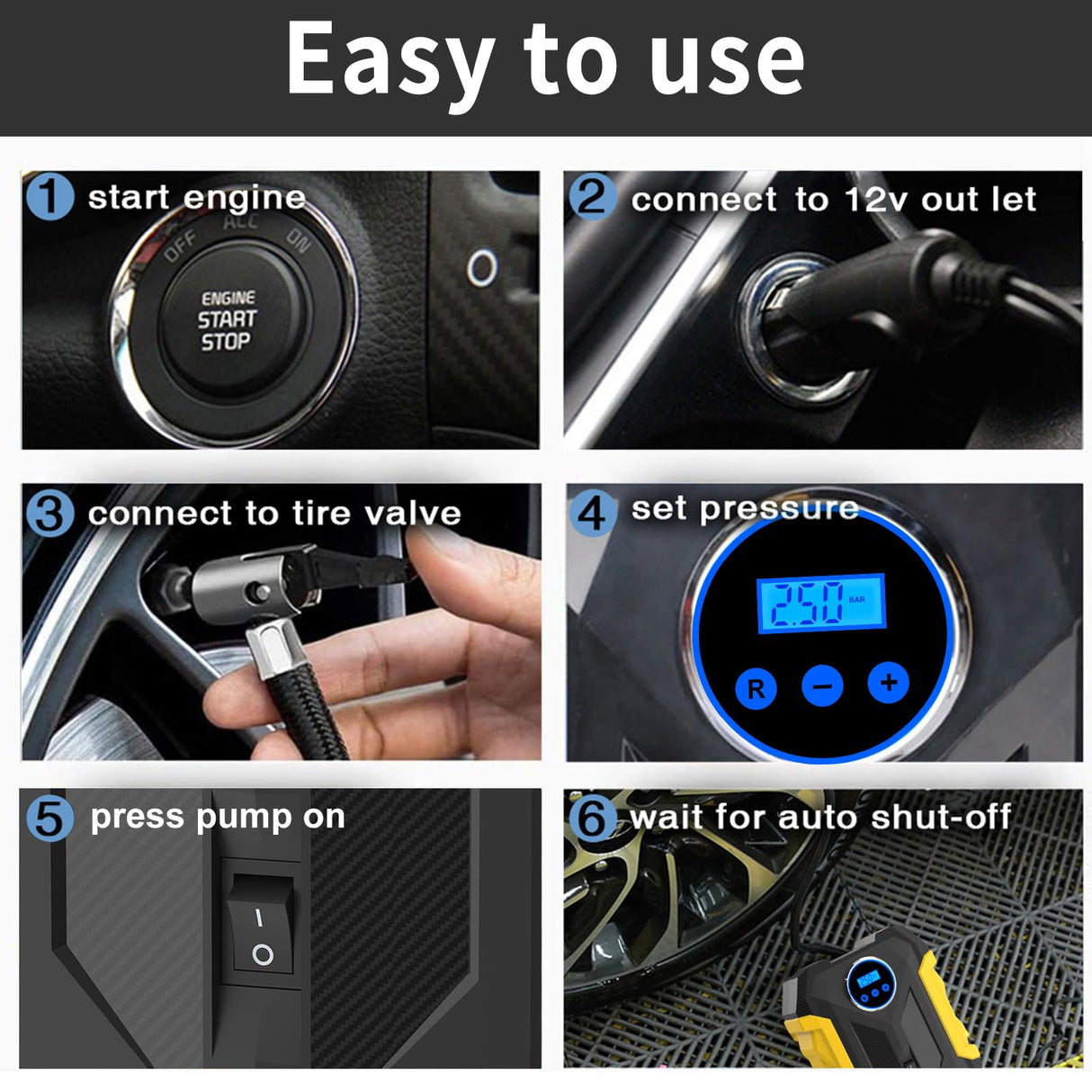 Digital Air Compressor for Car Auto Pump Portable Tire Inflator with LED Light DC 12V carsun