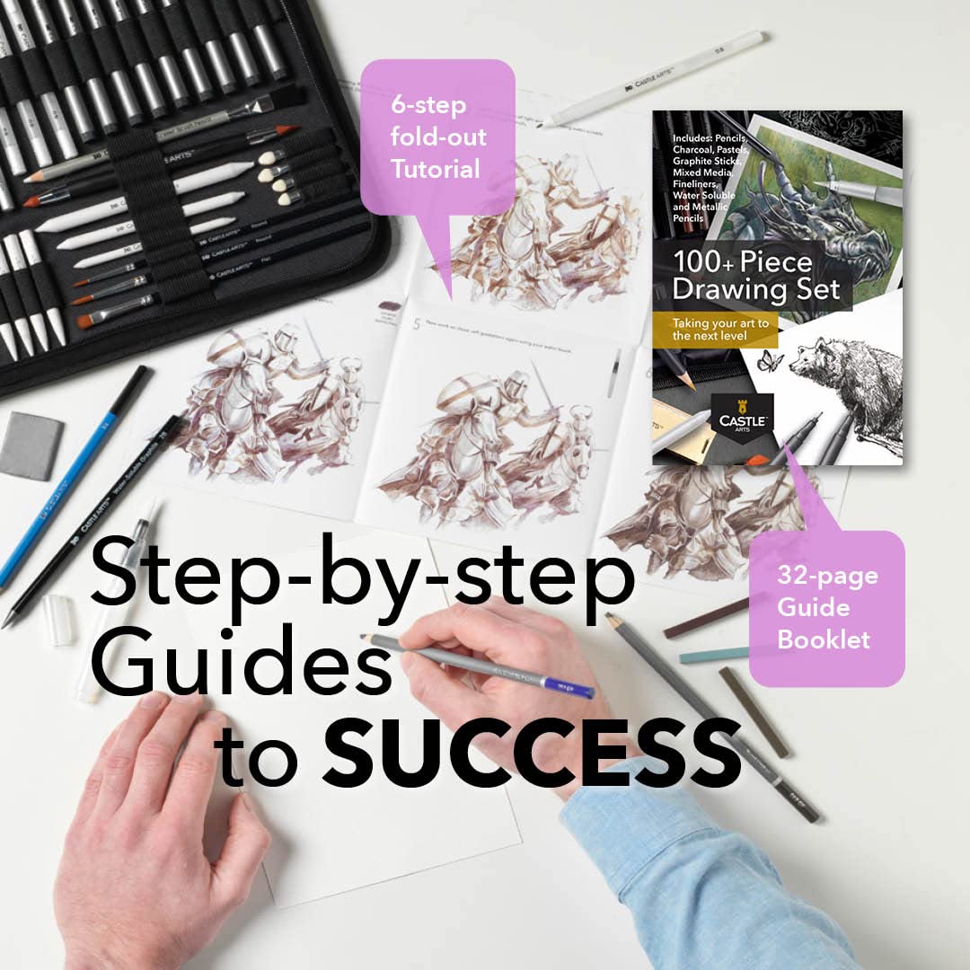 Castle Art Supplies 100 Piece Drawing & Sketching Set | Graphite, Charcoal, Pastel, Metallic & Water Soluble Pencils + Sticks, Fineliners | For Castle Art Supplies