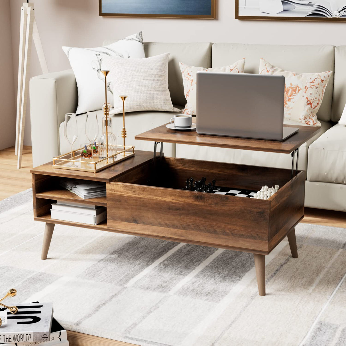 Furmax Lift Top Coffee Table with Adjustable Storage Shelf, Hidden Compartment and Metal Frame, Wood Mid Century Modern / Retro Small Center Table Furmax