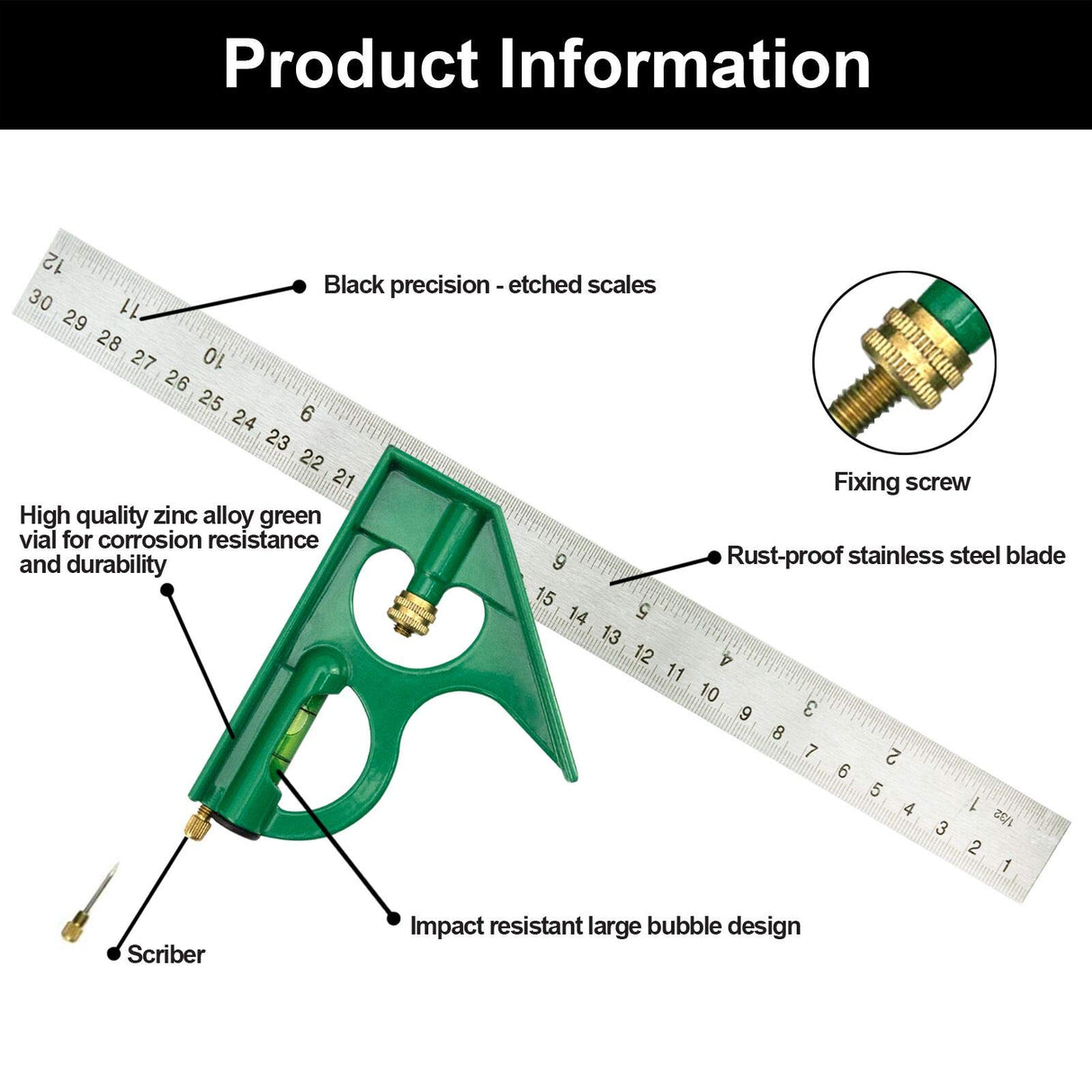 Nortools Combination Square Carpentry Tools with Metal-Body, Stainless Steel Blade Ruler, Accurate Woodworking Measure Square with Carpenter NORTOOLS